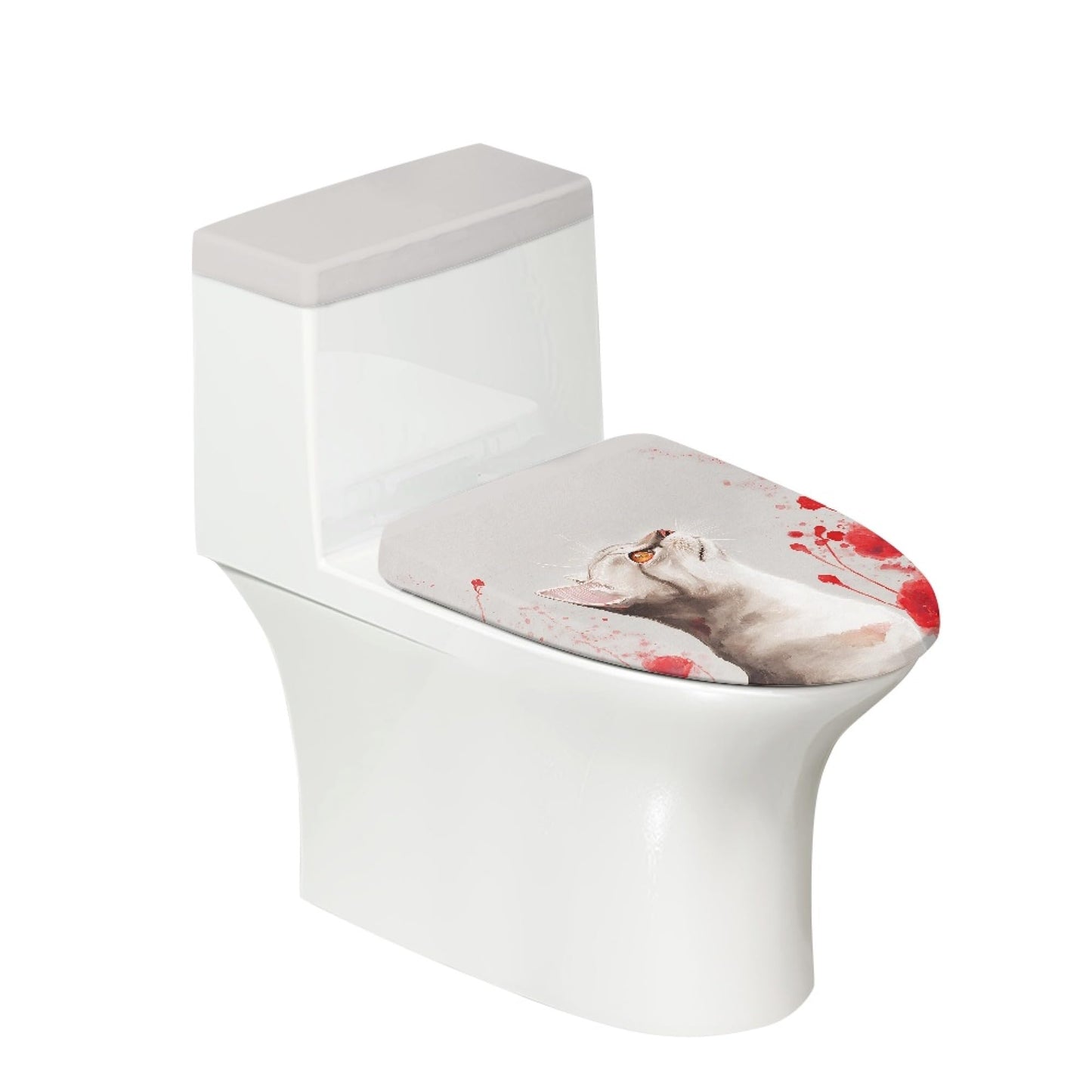 Set of 2 Cat Print Toilet Lid Tank Cover Soft Plush Set gray black