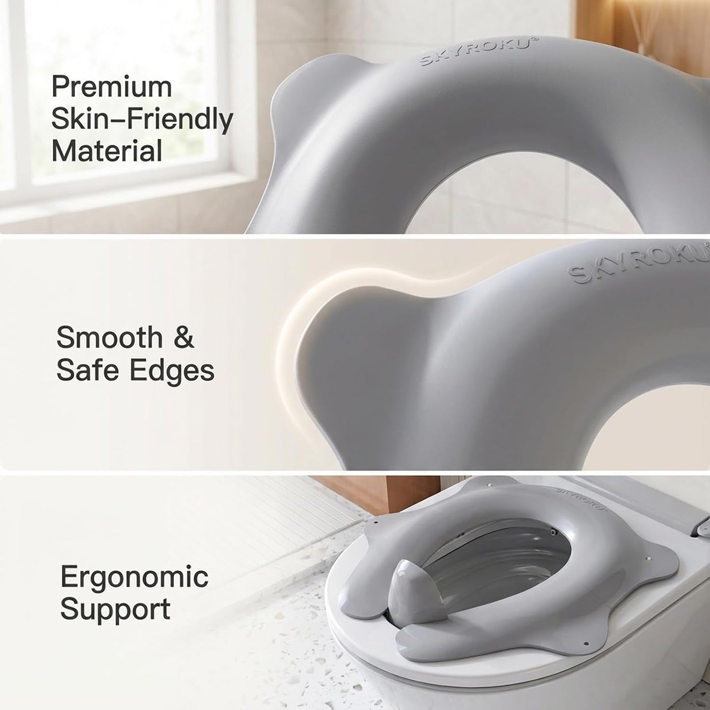 Travel Potty Seat for Toddler, Foldable Portable Potty Seat, BPA-Free Grey | SKYROKU, Fits Round & Oval Toilets, Non-Slip Base, 4 Suction Cups, Splash Guard, Travel Bag Included, Easy-Clean, Lightweight
