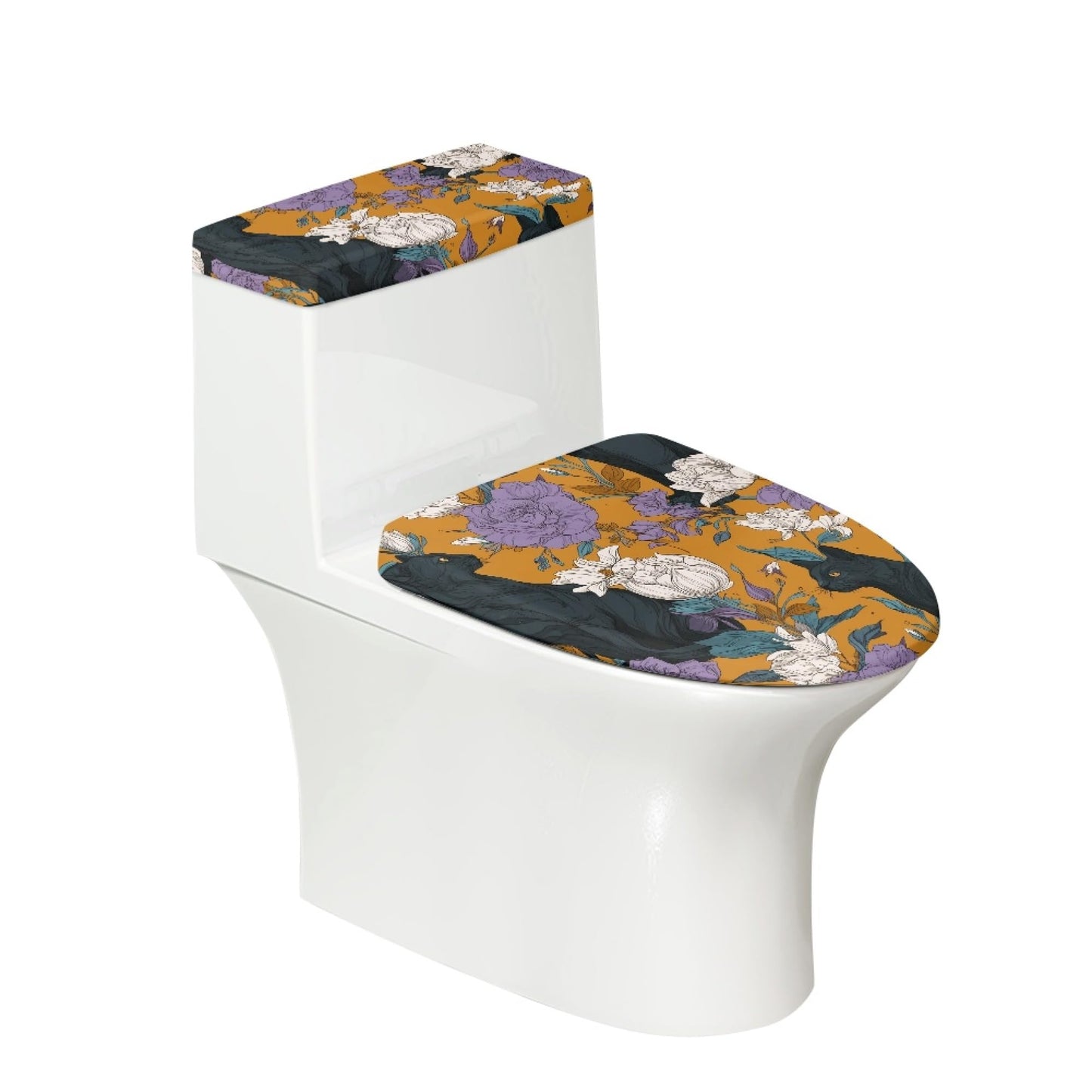 Set of 2 Cat Print Toilet Lid Tank Cover Soft Plush Set gray black