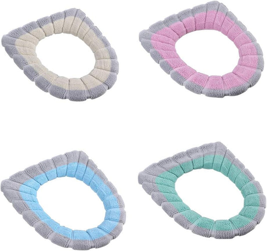 4 Pcs Soft Toilet Seat Cover Pad O Type Warmer Stretchable Thicker Washable Cloth Double Color