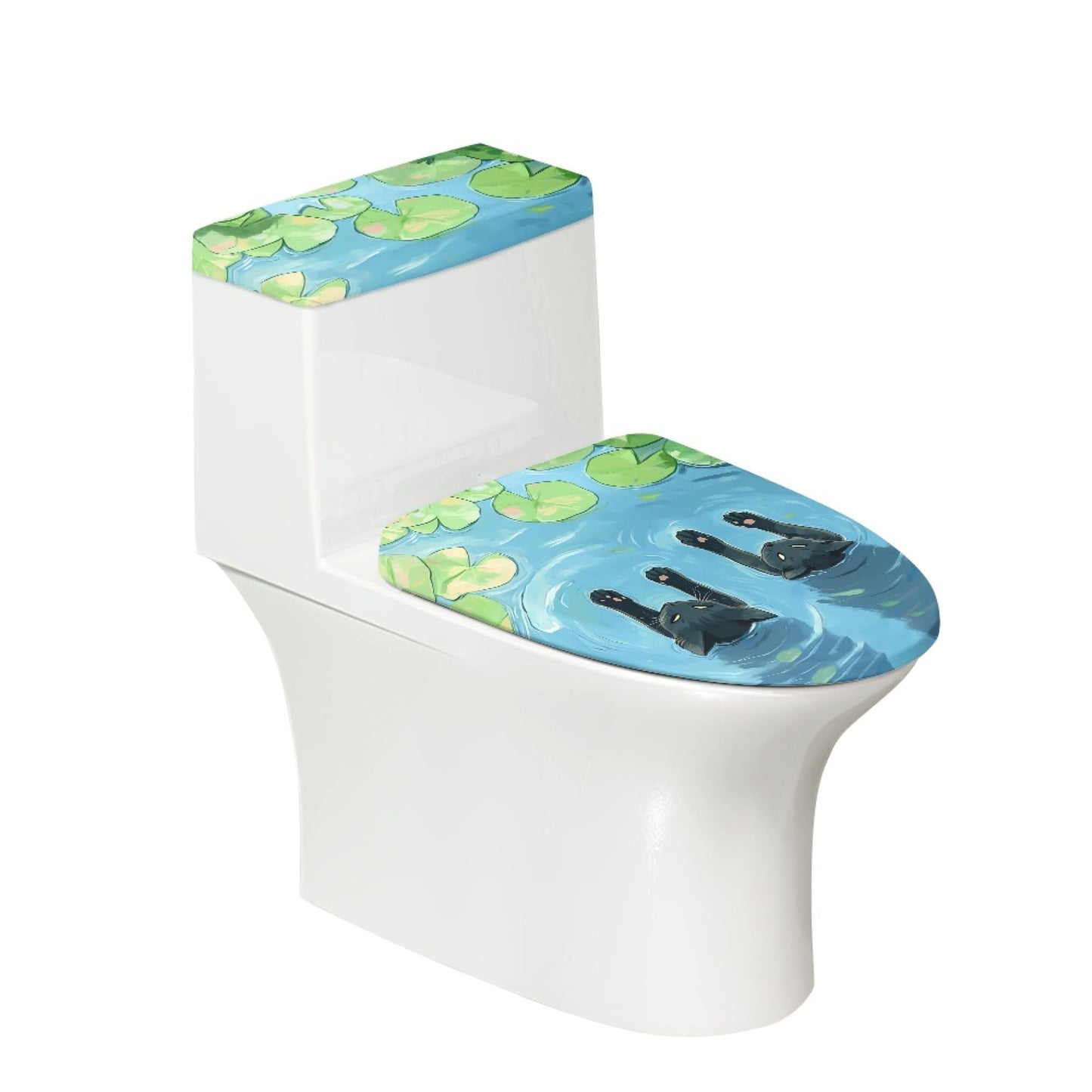 Cat Set of 2 Toilet Lid Cover Tank Set Plush Bathroom Set Beige Blue