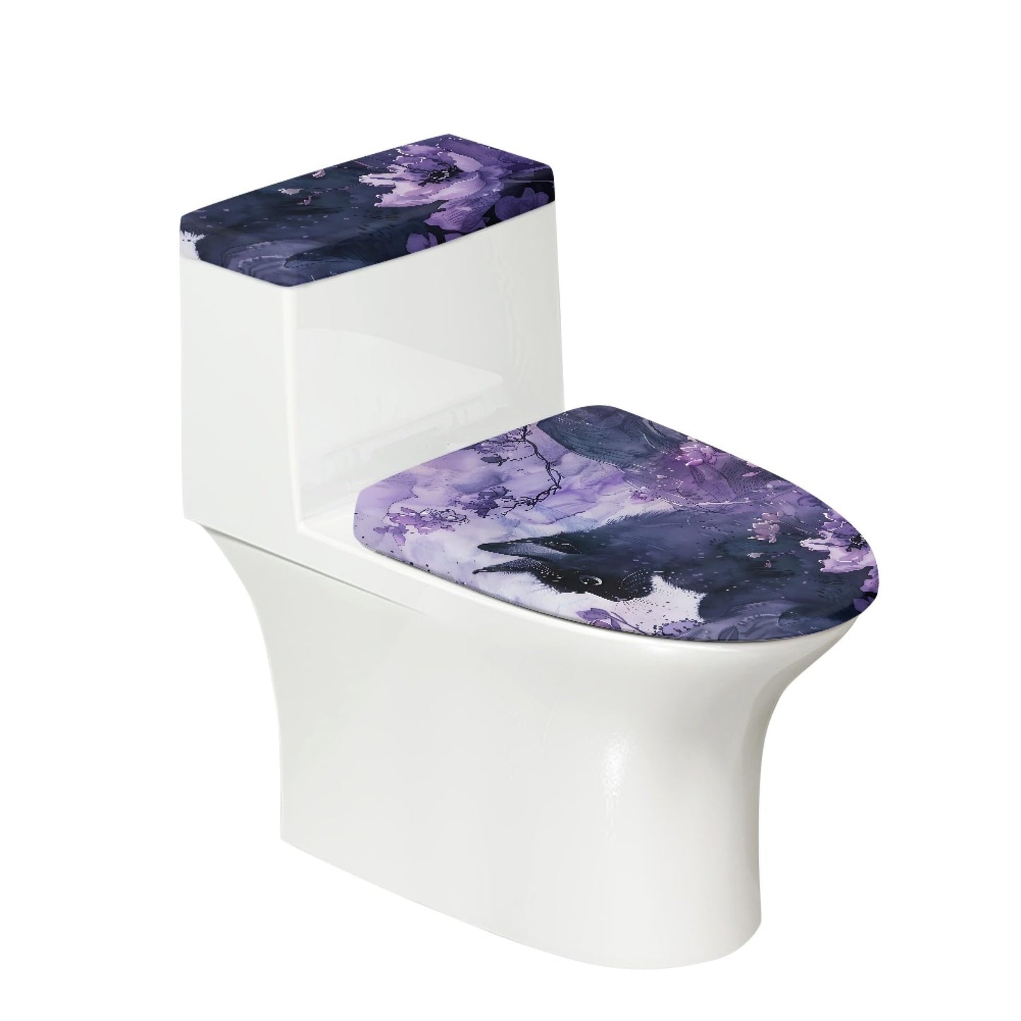 Set of 2 Cat Print Toilet Lid Tank Cover Soft Plush Set gray black