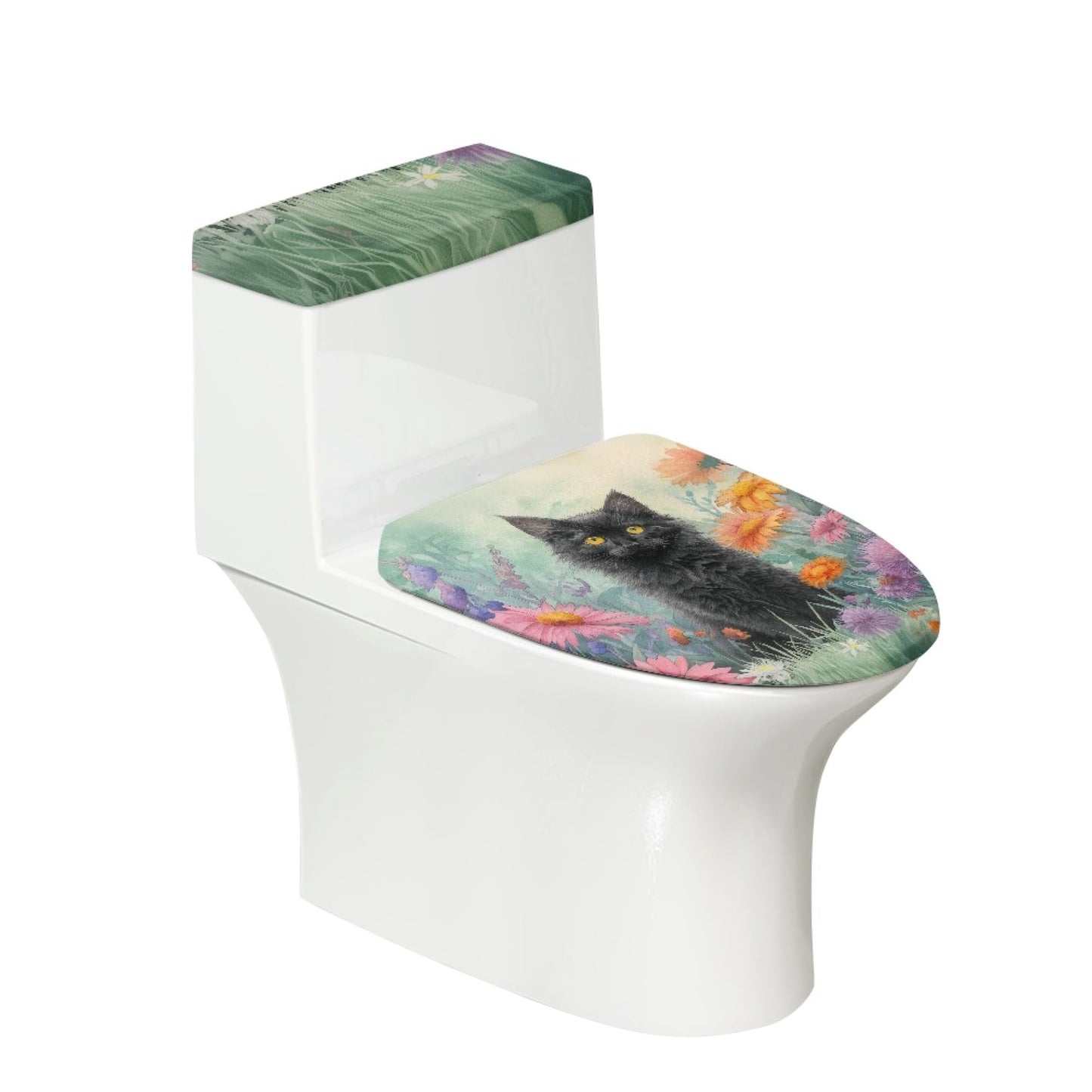 Set of 2 Cute Cat Velvet Toilet Lid Tank Cover Soft Decor Yellow Brown