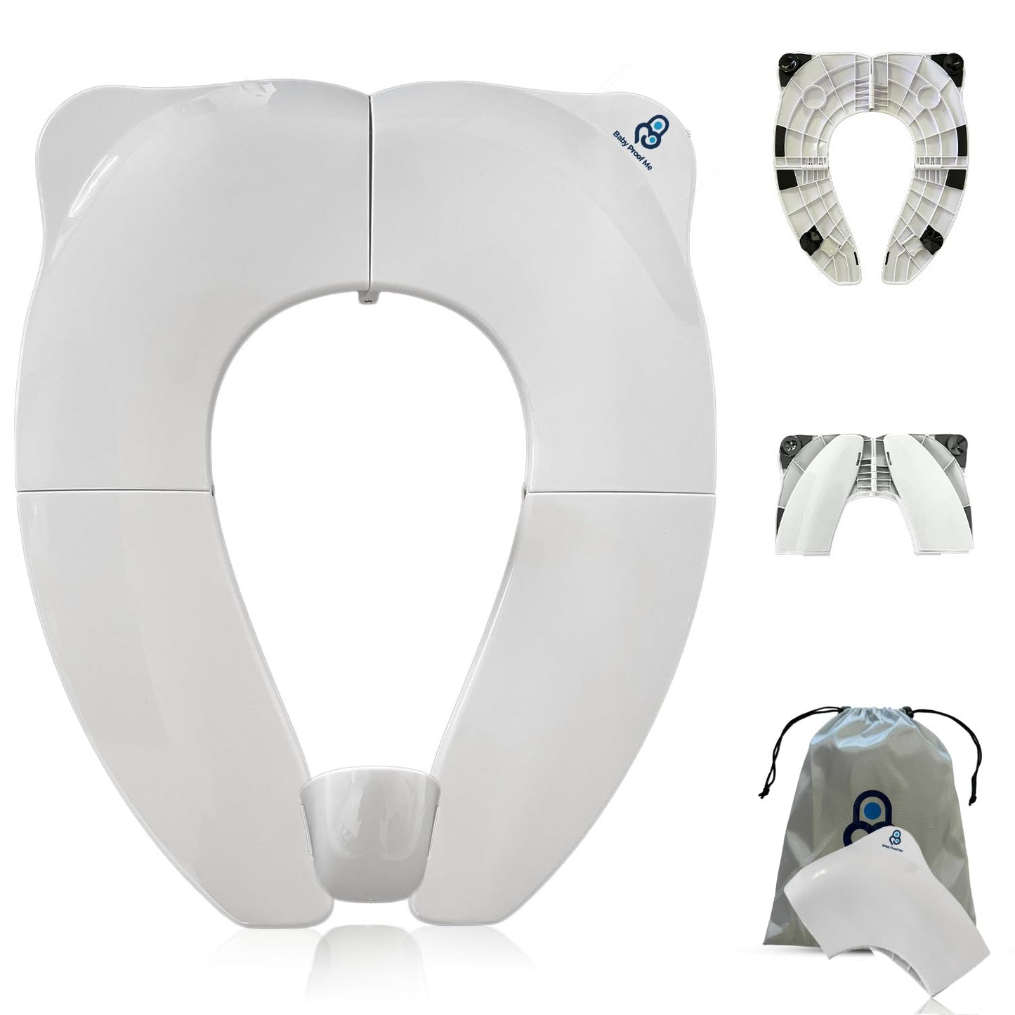 Baby Proof Me White Travel Potty Training Seat - Toddler Toilet Seat Cover | Foldable Travel Potty Training Toilet Seat for Toddlers, Fits most Toilets, Non-Slip, Portable with Bag; For Boys & Girls