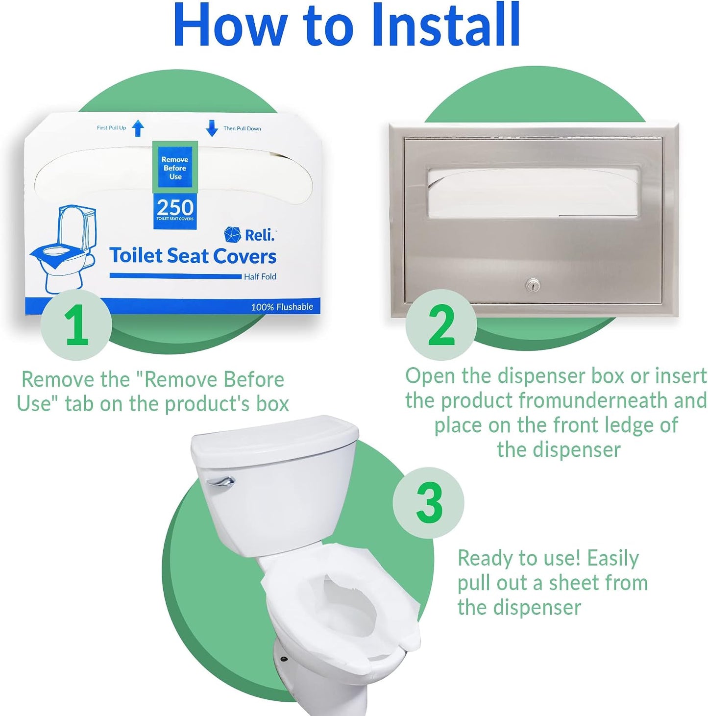Reli. Toilet Seat Covers (2000 Pcs, 8 Packs of 250) Flushable | Disposable Toilet Seat Cover 14x16" (Half-Fold) | Paper Liners for Restroom, Bathroom, Travel, Camping, Potty Training