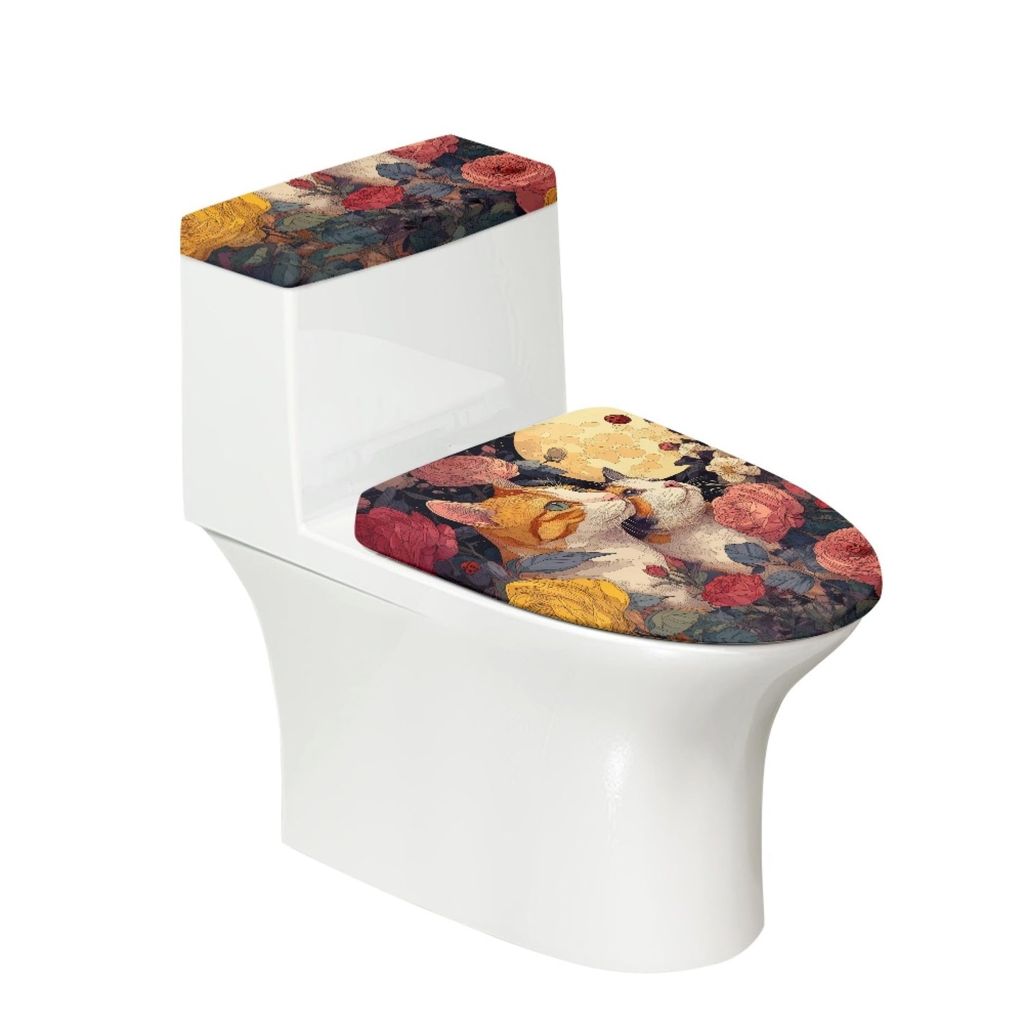 Set of 2 Cute Cat Velvet Toilet Lid Tank Cover Soft Decor Yellow Brown