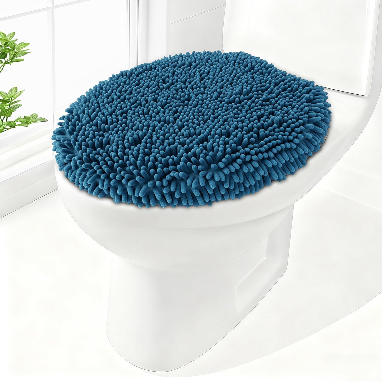 Soft Chenille Toilet Lid Cover 19.5L x 18.5W Machine Washable | Toilet Seat Cover Adjustable Rubber Backing Fits Most Round Elongated and Oblong Lids