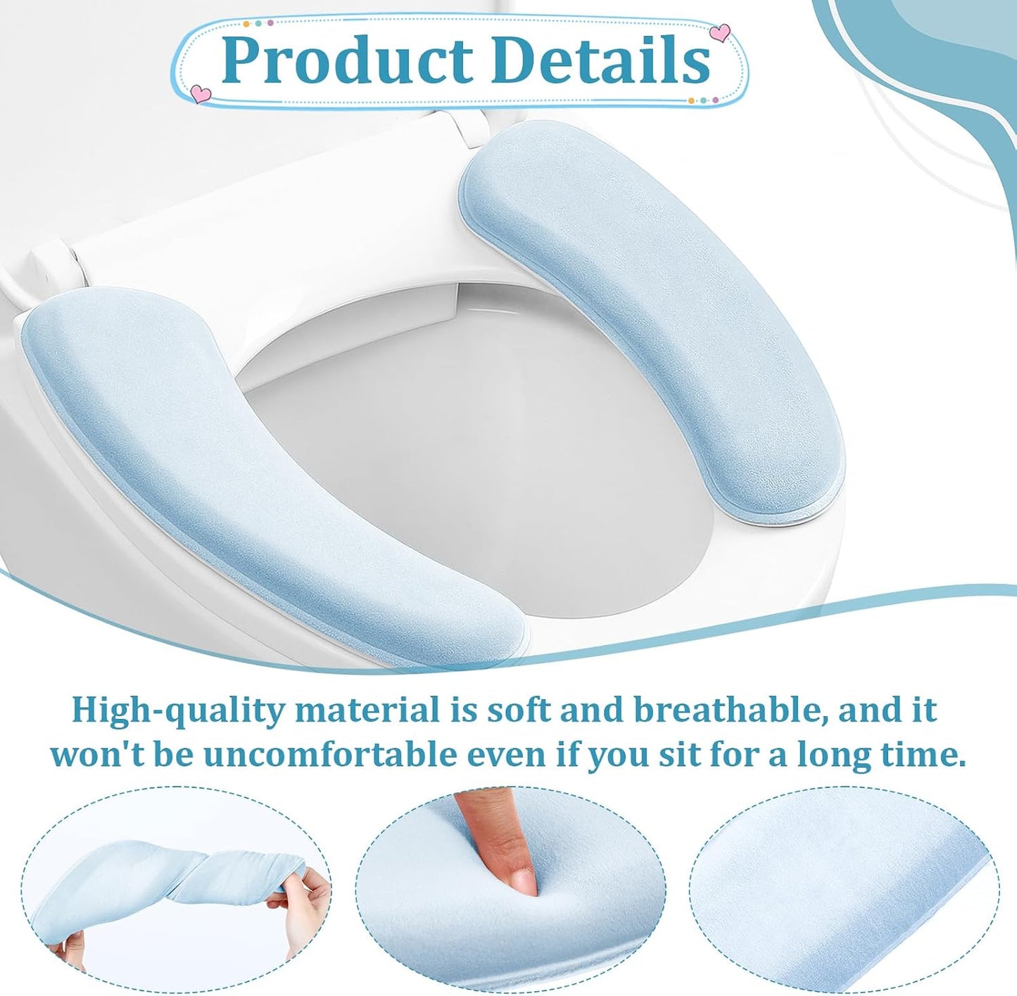 Toilet Seat Cover, Thick and Elastic Bathroom Toilet Seat Cushion Soft Polyester Fiber Sponge Cushioned Lid Cover, Non-Slip Washable Reusable Comfort Pad Seats Cushion for Most Toilets (Blue)