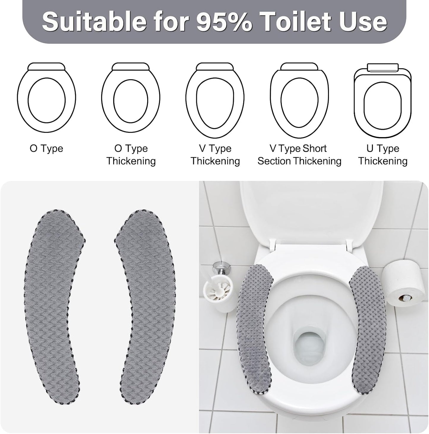 2Pairs Warm Toilet Seat Cover Mat Plush Thick Toilet Seat Padded Non Slip Soft Cushion Washable Bathroom Warmer Static Cling Cover Non Adhesive,Grey