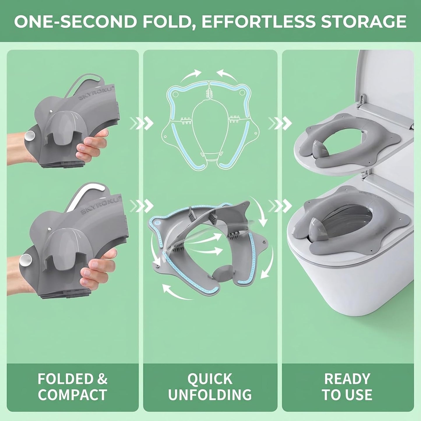 Travel Potty Seat for Toddler, Foldable Portable Potty Seat, BPA-Free Grey | SKYROKU, Fits Round & Oval Toilets, Non-Slip Base, 4 Suction Cups, Splash Guard, Travel Bag Included, Easy-Clean, Lightweight