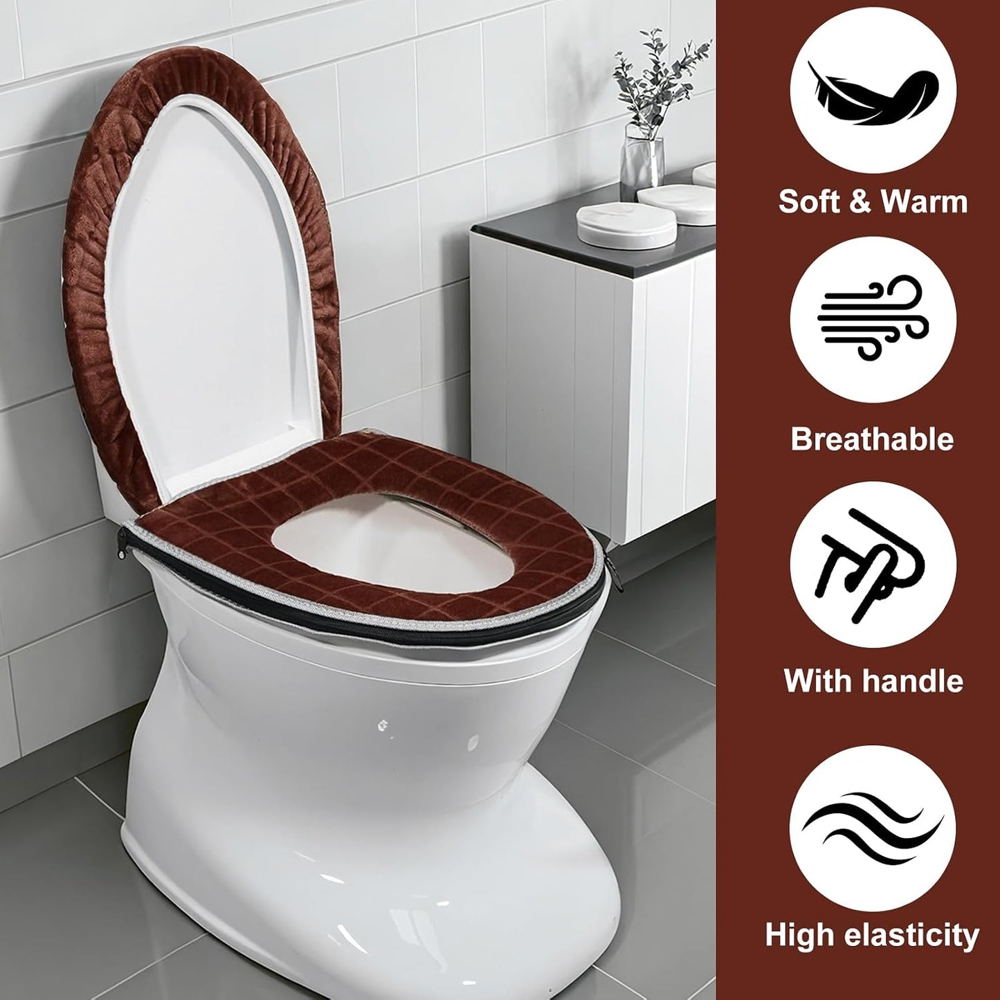 Toilet Seat Cover and Toilet Lid Cover Set, Soft Toilet Seat Cushion with Zipper Adjustable Rubber Backing Toilet Seat Warmer Bathroom Decor and Accessories, Coffee