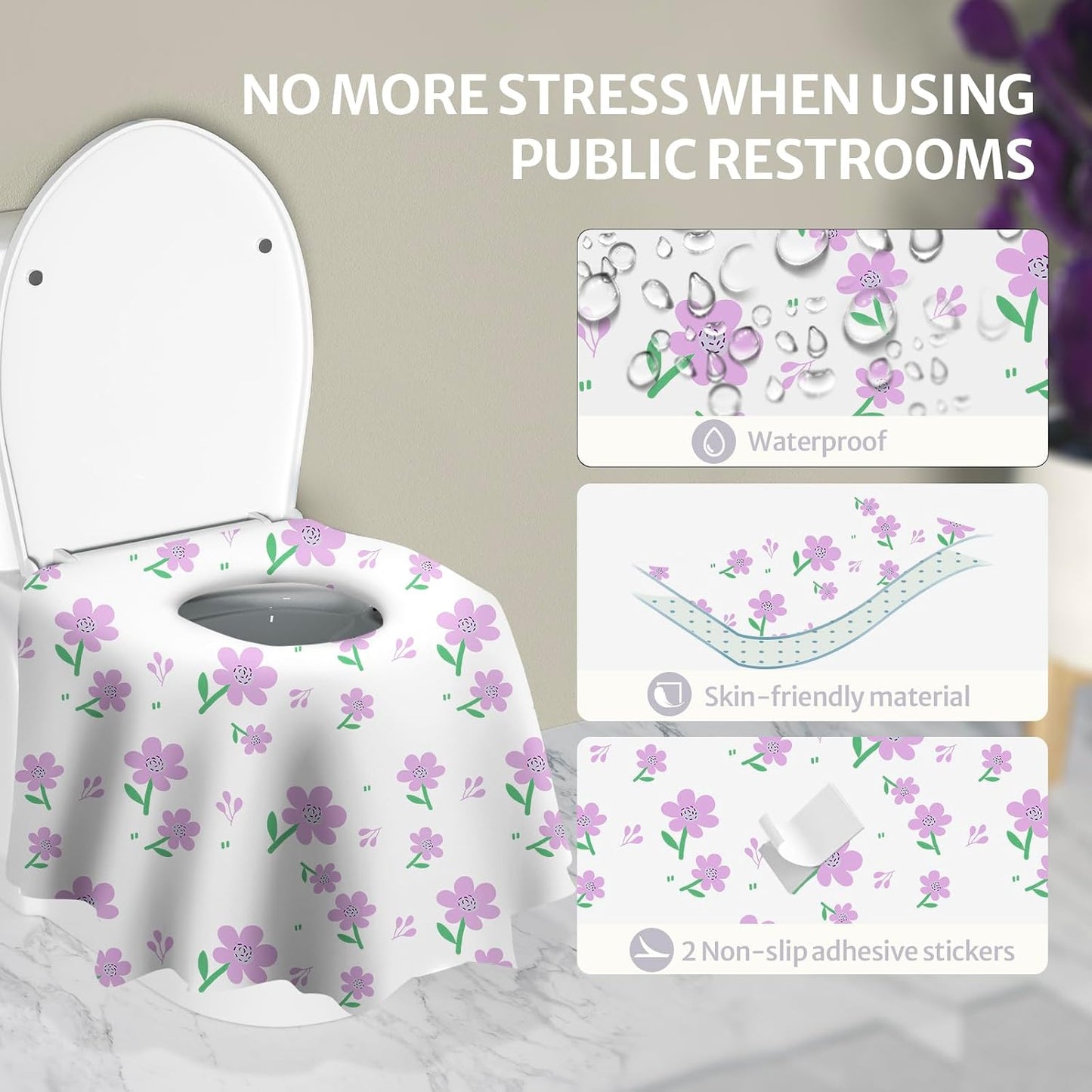 Blissful Diary 30 Pcs Toilet Seat Covers Disposable for Toddlers & Adults, Extra Large Waterproof, Portable Package for Travel, Kids Potty Training(Purple Flowers)