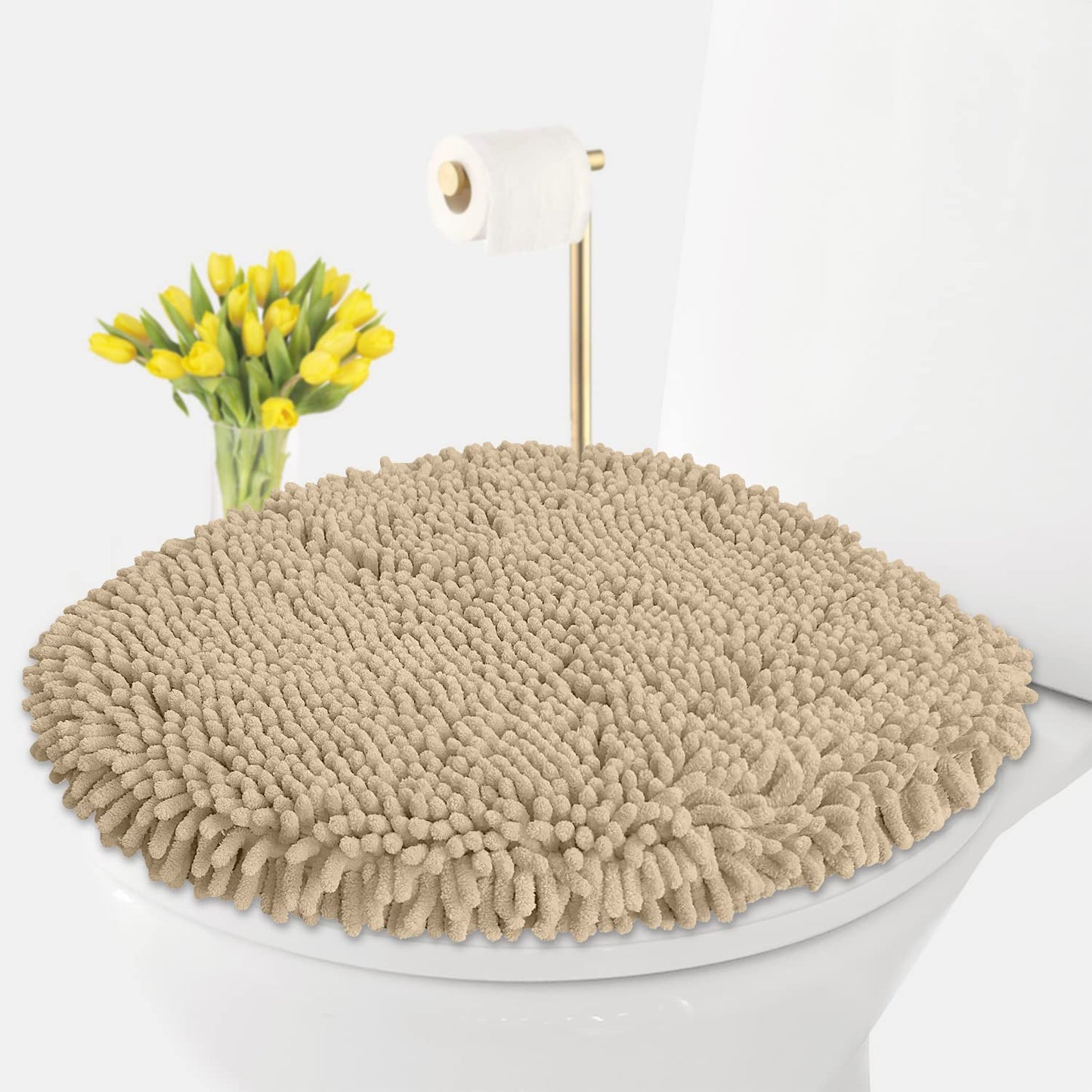 LuxUrux Premium Chenille Microfiber Toilet Lid Cover, Soft Plush Toilet Seat Cover Set for Bathroom, Non-Slip Stretch Fit, Machine Washable, Fits Standard & Elongated Toilet Seat Lid (Light Gray)