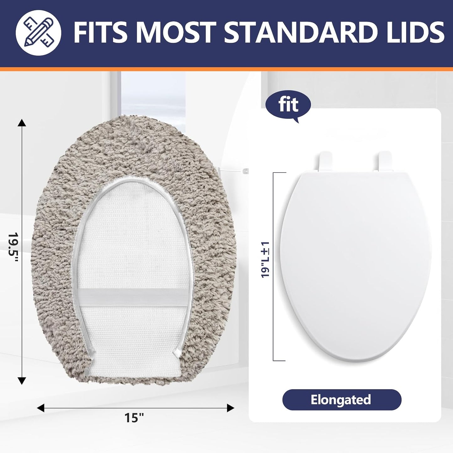 Microfiber Elongated Toilet Seat Cover 19.5"x 15" Machine Washable | Solid Toilet Lid Cover Adjustable Rubber Backing Fits Only 18-19.5"L x 14-16"W Elongated Toilet Seat