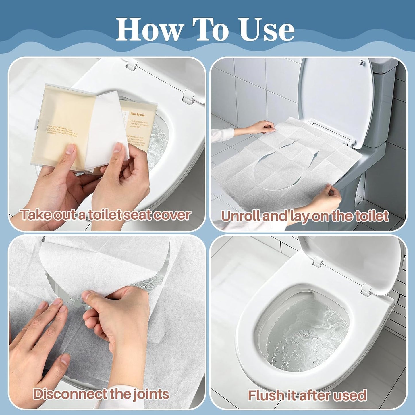 RAINFLOW Toilet Seat Covers Disposable - 100 Count Portable Flushable Paper | Individually Wrapped Toilet Cover Liners, for Airplane, Hotel, Camping & Public Restrooms, Travel Essentials