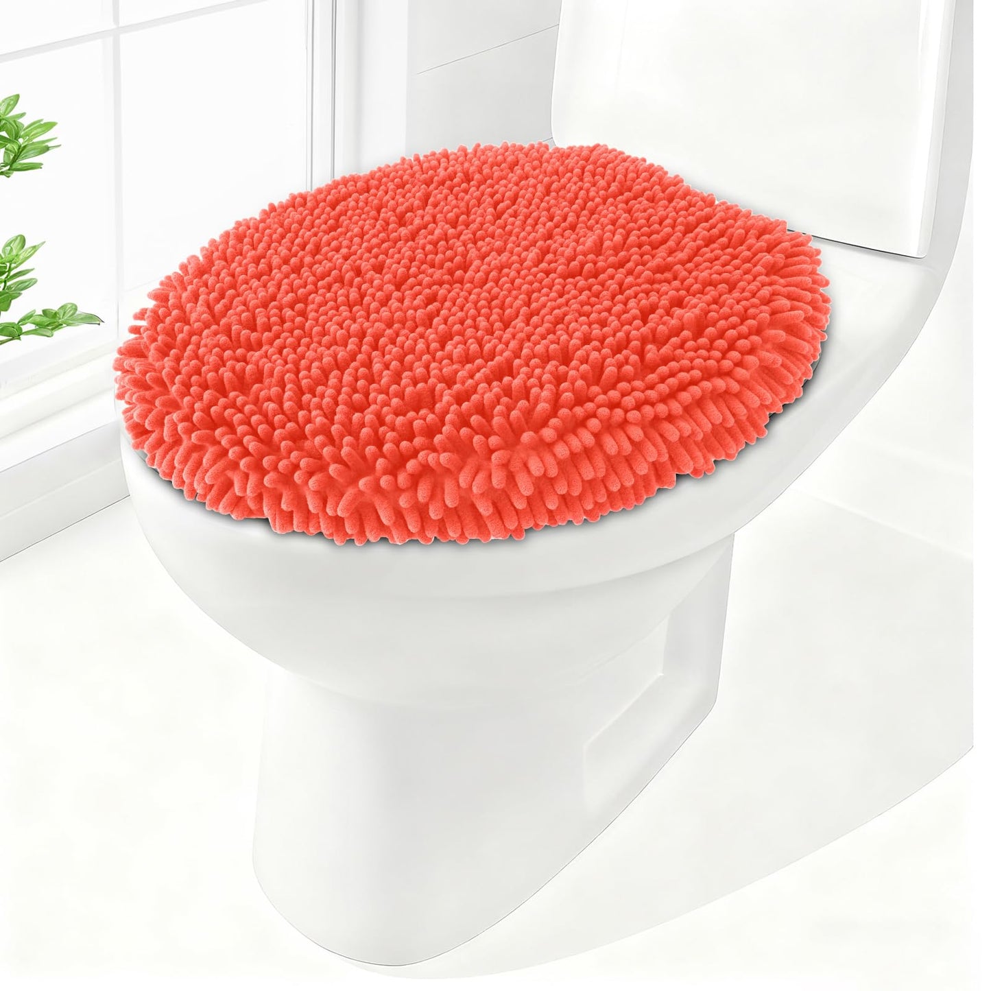 Soft Chenille Toilet Lid Cover 19.5L x 18.5W Machine Washable | Toilet Seat Cover Adjustable Rubber Backing Fits Most Round Elongated and Oblong Lids