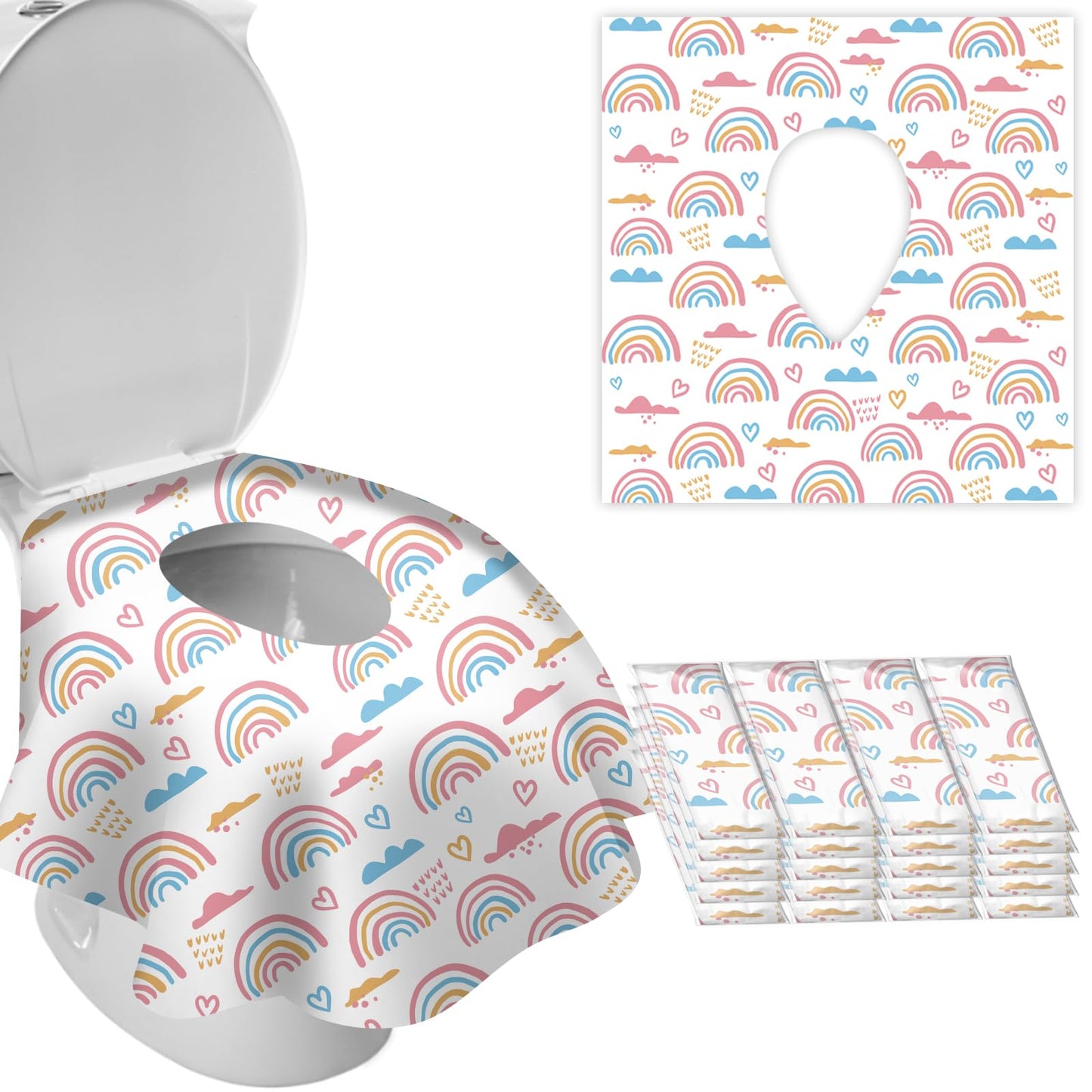 DEEKI 40 Pack Toilet Seat Covers Disposable, Safe No-Slip Waterproof for Kids Toddlers Use in Potty Training Public Restrooms Toilets, Portable Clean Covers for Adults Travel -Rainbow (40 Count)