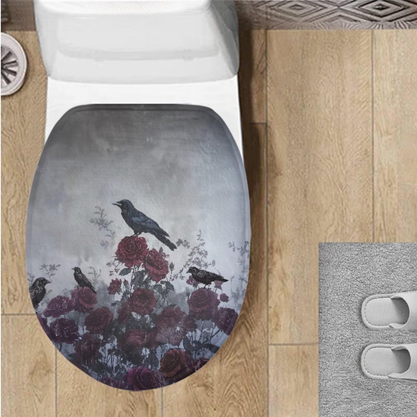 Toilet Lid Cover for Bathroom Water Absorbent Toilet Lid Protector Fits Most Sizes Standard, Round, Elongated and Oblong Lids, Gothic Crow Rose Gray