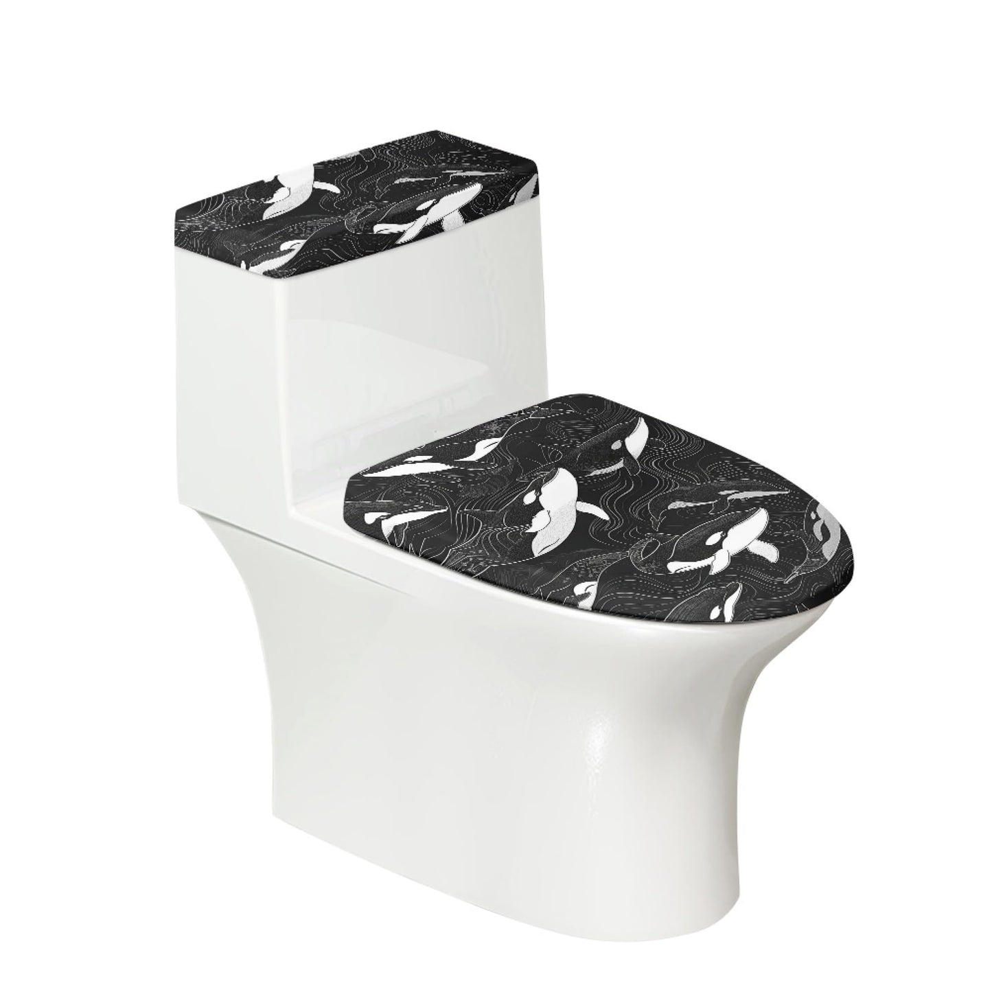 Set of 2 Japanese Waves Fish Toilet Lid Tank Cover Plush Navy White