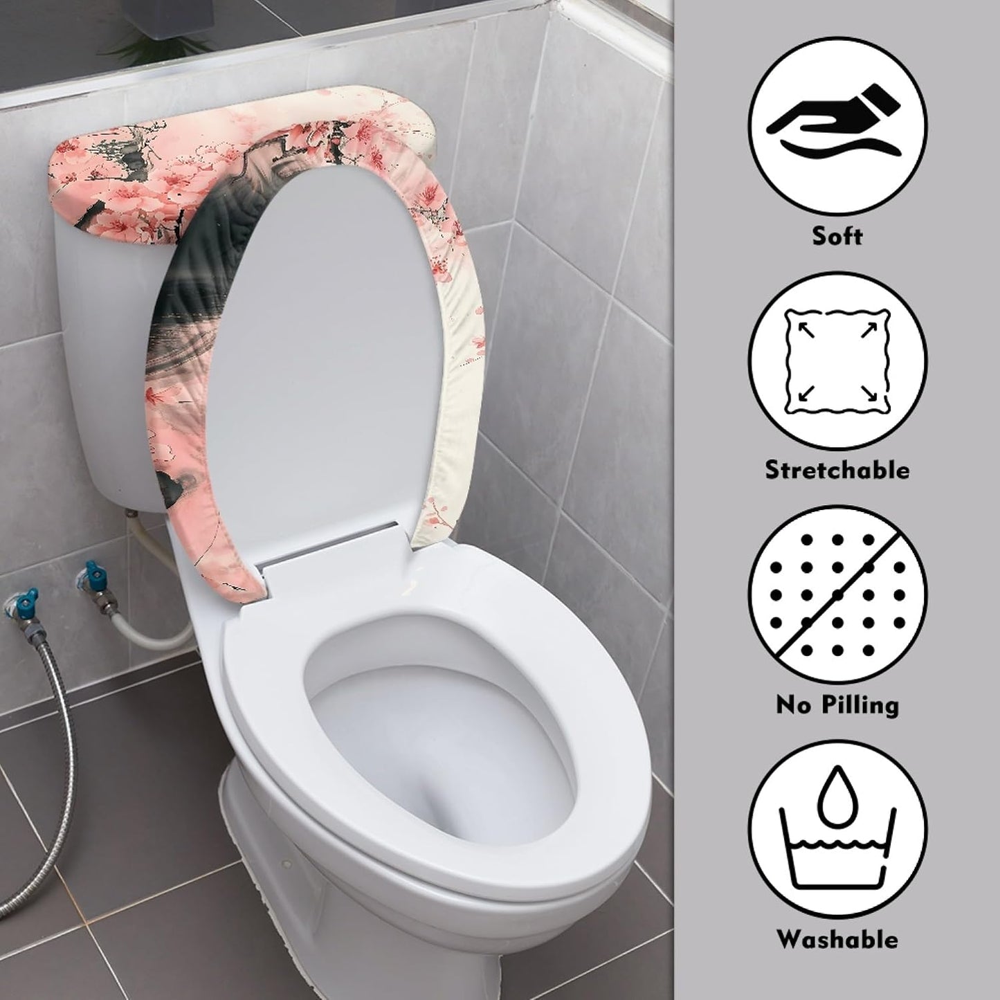 Set of 2 Cat Print Toilet Lid Tank Cover Soft Plush Set grey white