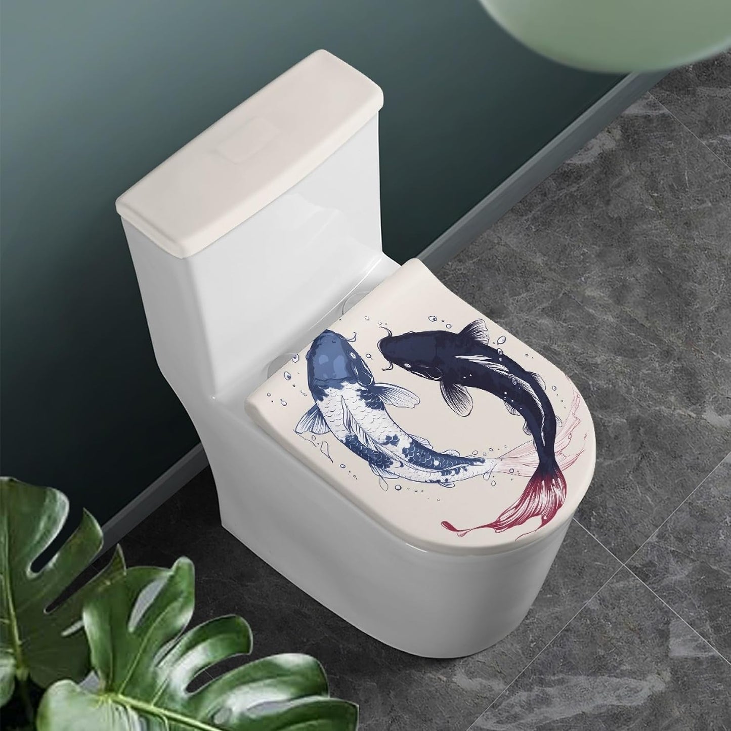 Set of 2 Japanese Waves Octopus Toilet Lid Tank Cover Art Teal Blue