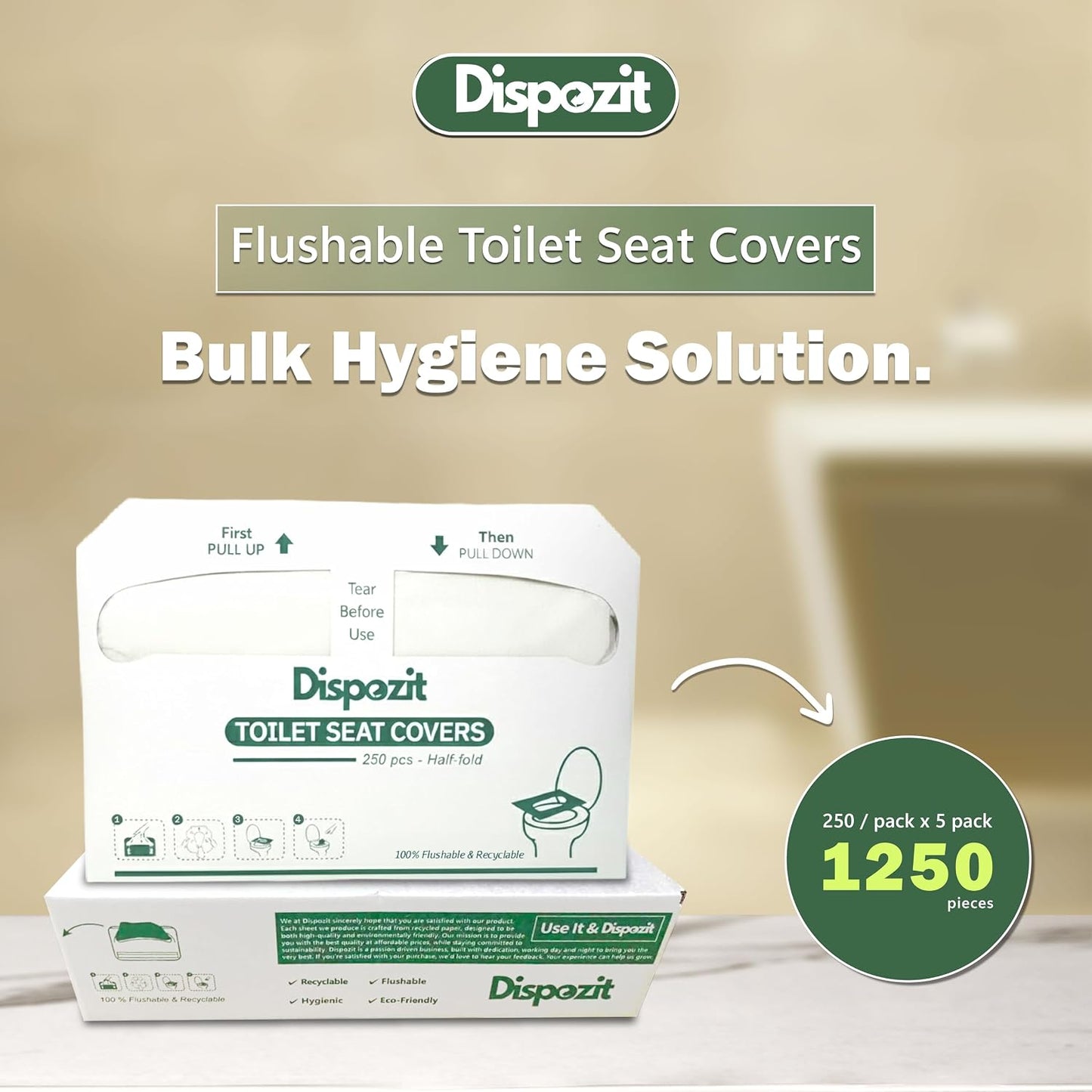 1250 Pcs Flushable Toilet Seat Covers for Hotel, Business, and Commercial | 5 Packs of 250 Pcs Disposable Flushable 100% Biodegradable Commercial Toilet Seat Covers, Half-Fold Wall Dispenser Compatible