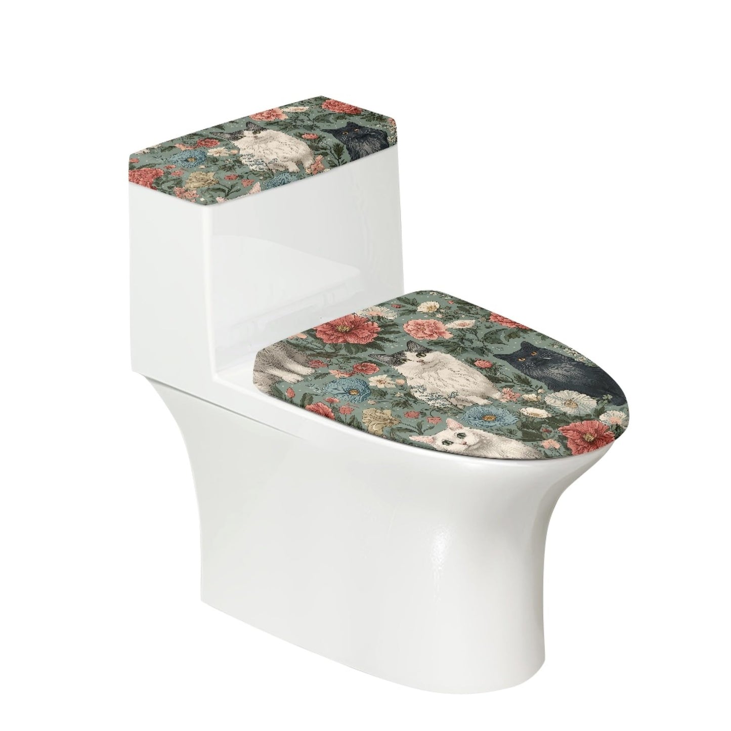 Cat Set of 2 Toilet Lid Cover Tank Set Plush Bathroom Set Beige Blue