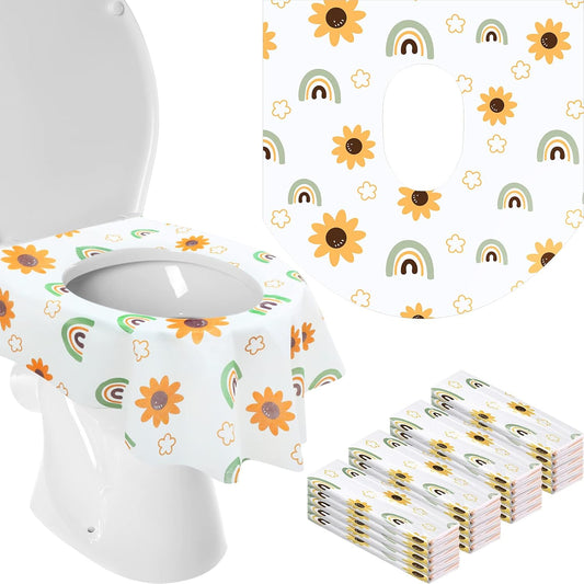 Shimeyao 50 Packs Disposable Toilet Seat Covers Extra Large Individually Wrapped for Kids Adults, Portable Non Slip Waterproof Potty Seat Covers for Toddlers Potty Training Travel(Flowers, Rainbow)