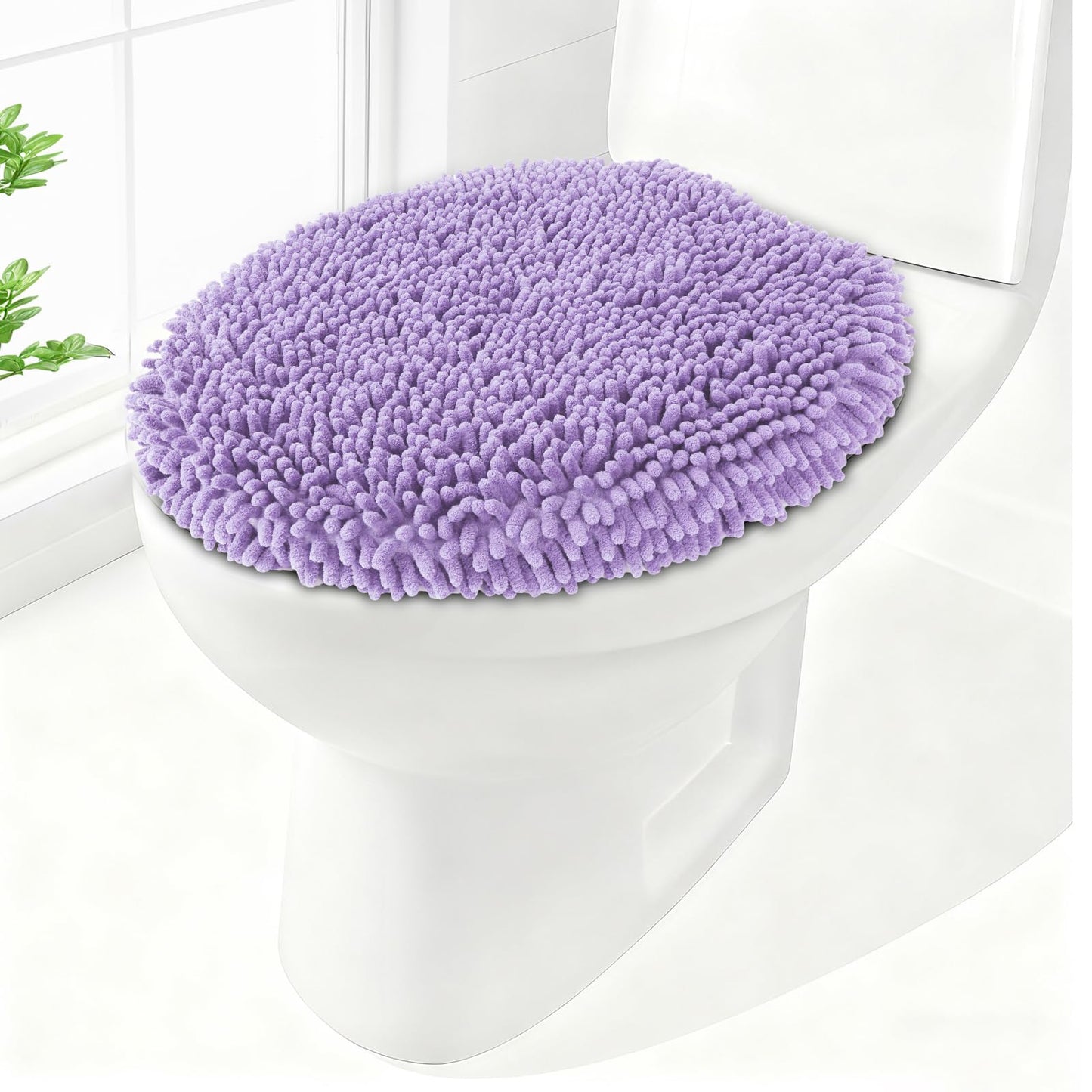 Soft Chenille Toilet Lid Cover 19.5L x 18.5W Machine Washable | Toilet Seat Cover Adjustable Rubber Backing Fits Most Round Elongated and Oblong Lids