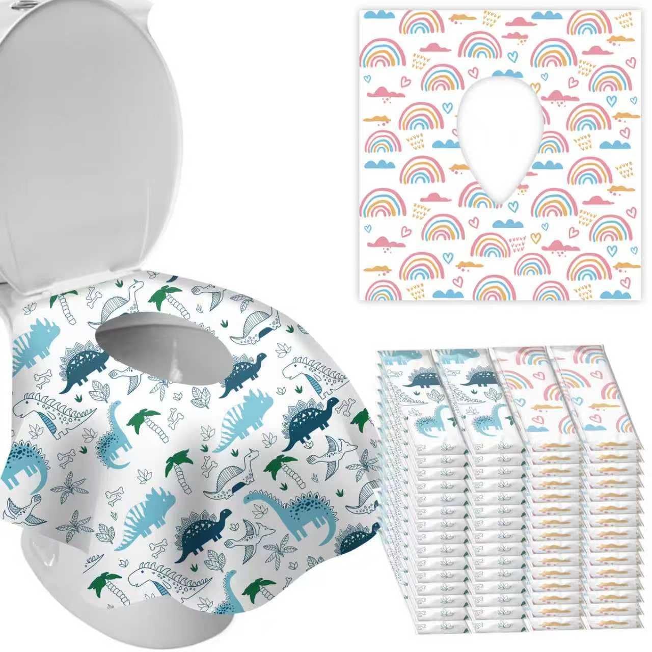 DEEKI 40 Pack Toilet Seat Covers Disposable, Safe No-Slip Waterproof for Kids Toddlers Use in Potty Training Public Restrooms Toilets, Portable Clean Covers for Adults Travel -Rainbow (40 Count)
