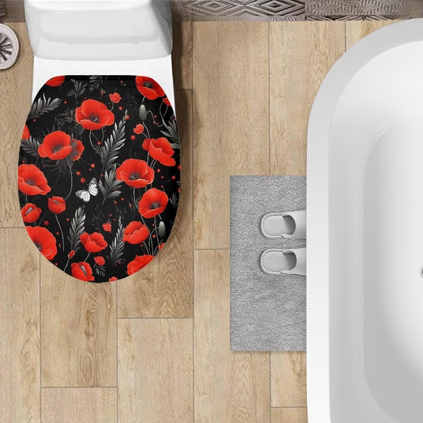 chaqlin Toilet Lid Cover Red Poppy Print Toilet Lid Seat Cover Washable Fabric Set, Novelty Gifts Fits Most Round, Elongated and Oblong Toilets