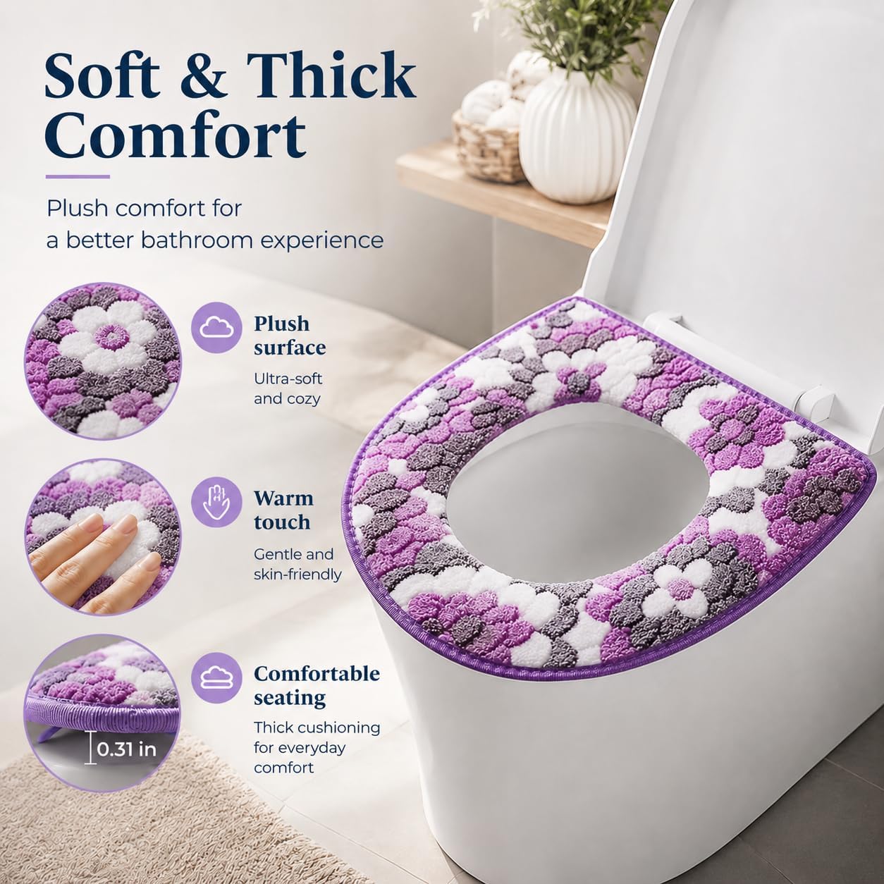 1 PCS Toilet Seat Cover Cushion, Soft Flannel Warm Toilet Seat Pad, Universal Fit Zippered Washable Reusable Toilet Cushion, Skin-Friendly Non-Slip Bathroom Accessory for All Seasons (Purple)