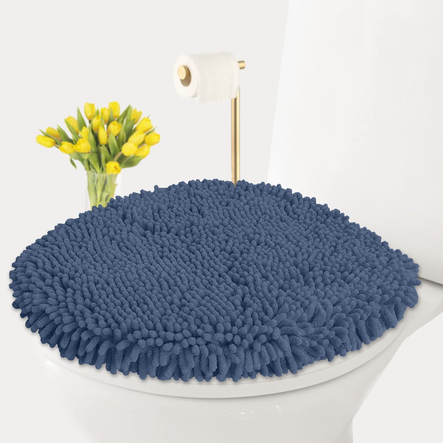 LuxUrux Premium Chenille Microfiber Toilet Lid Cover, Soft Plush Toilet Seat Cover Set for Bathroom, Non-Slip Stretch Fit, Machine Washable, Fits Standard & Elongated Toilet Seat Lid (Light Gray)