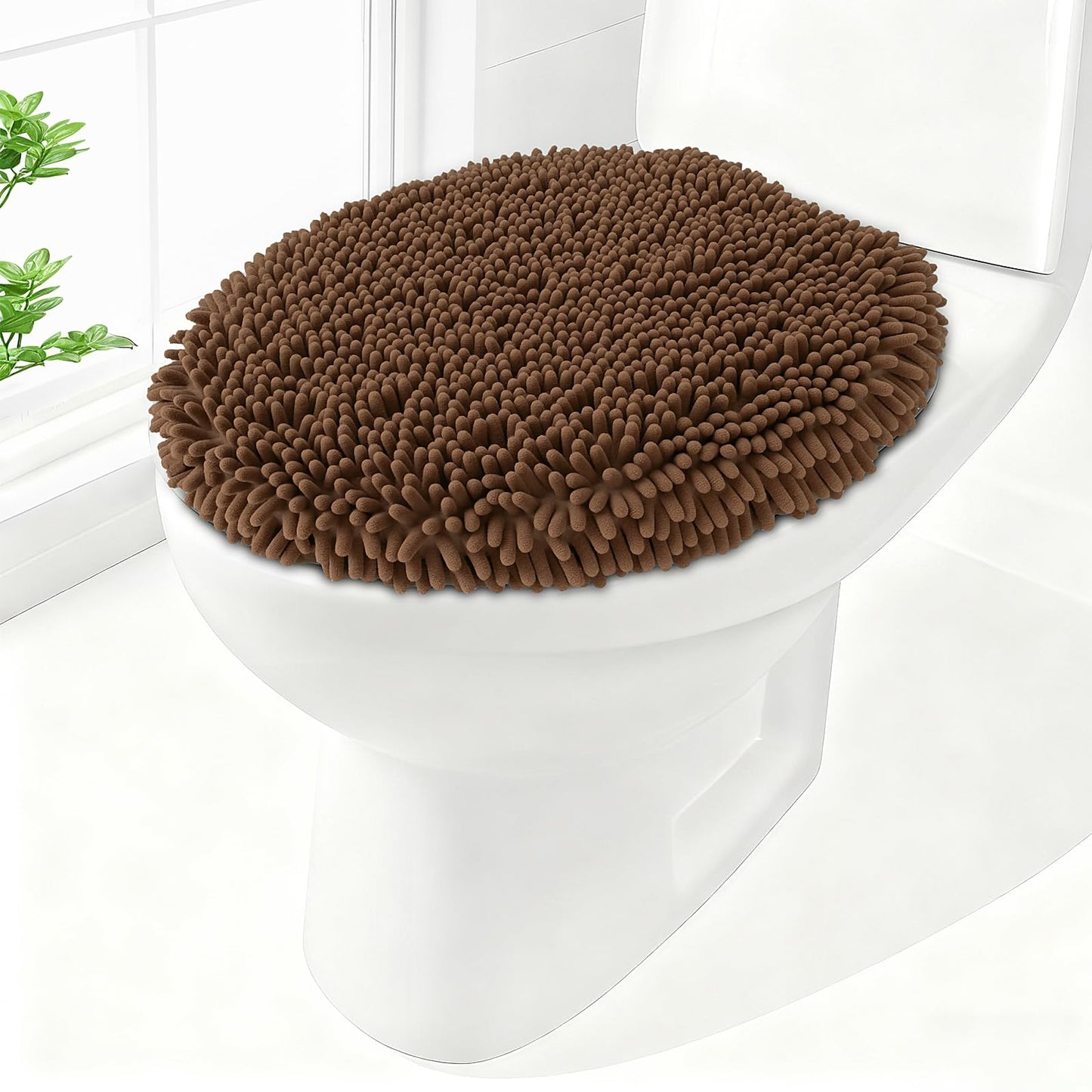 Soft Chenille Toilet Lid Cover 19.5L x 18.5W Machine Washable | Toilet Seat Cover Adjustable Rubber Backing Fits Most Round Elongated and Oblong Lids