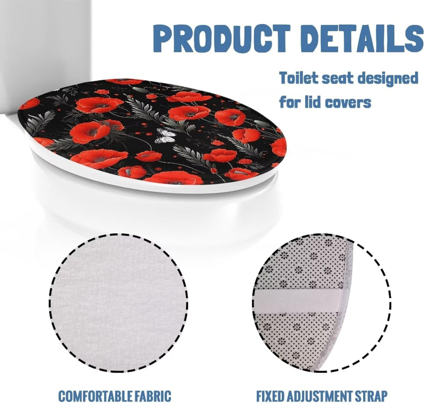 chaqlin Toilet Lid Cover Red Poppy Print Toilet Lid Seat Cover Washable Fabric Set, Novelty Gifts Fits Most Round, Elongated and Oblong Toilets