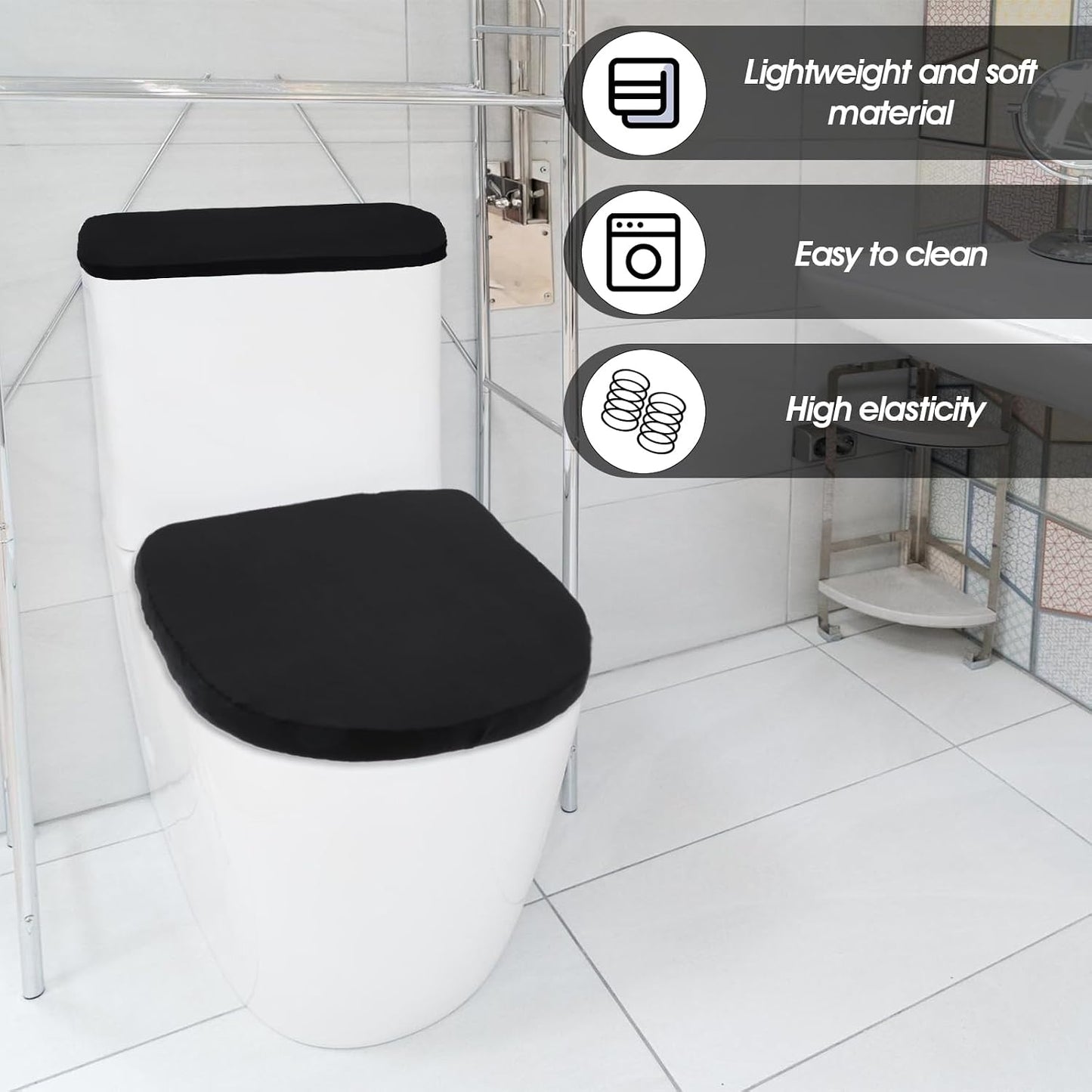 Tyqour Black Toilet Seat Cover Black Toilet Lid Cover and Toilet Tank Cover Set, Universal Toilet Cover Set with Elastic Bottom for Bathroom Decor Accessories