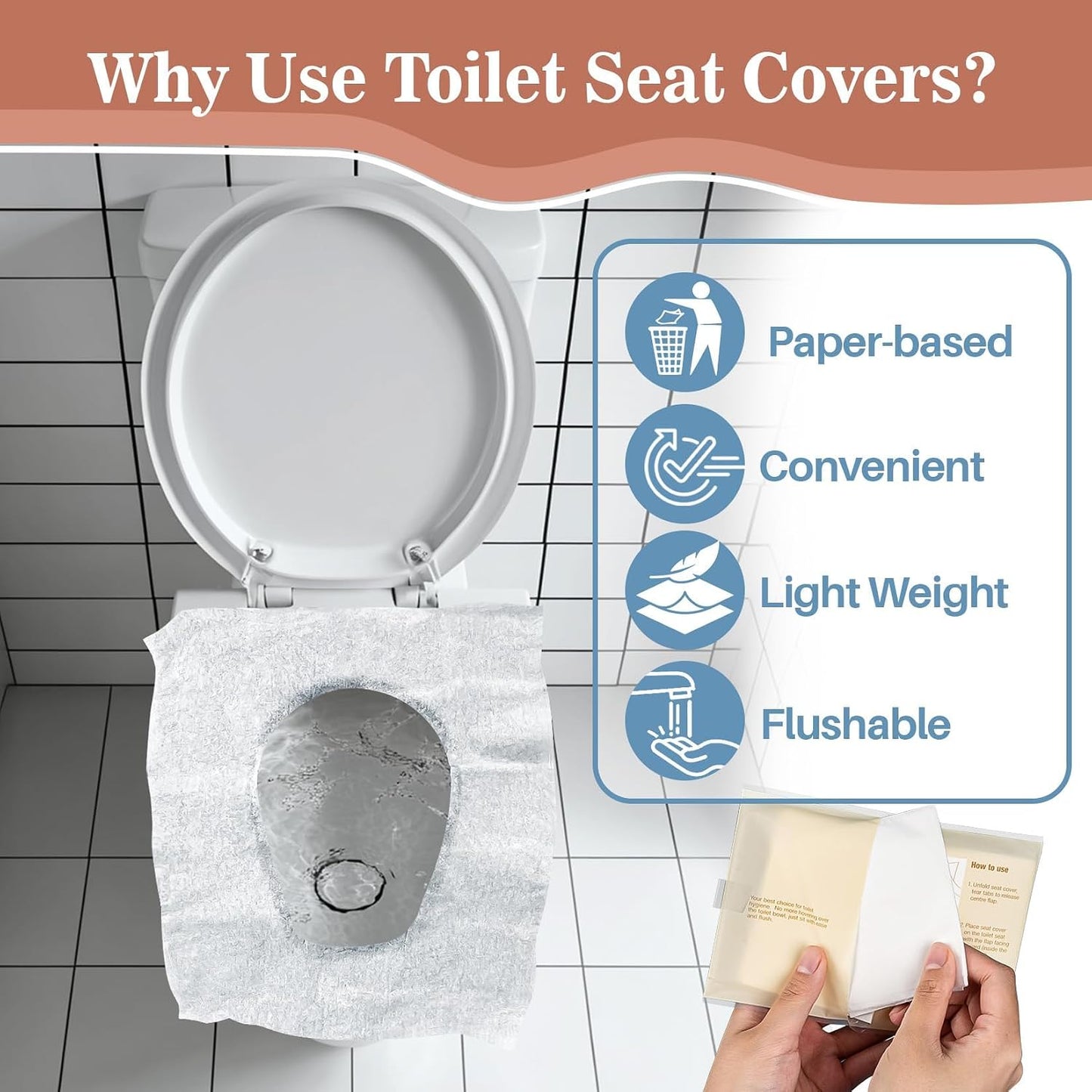 RAINFLOW Toilet Seat Covers Disposable - 100 Count Portable Flushable Paper | Individually Wrapped Toilet Cover Liners, for Airplane, Hotel, Camping & Public Restrooms, Travel Essentials