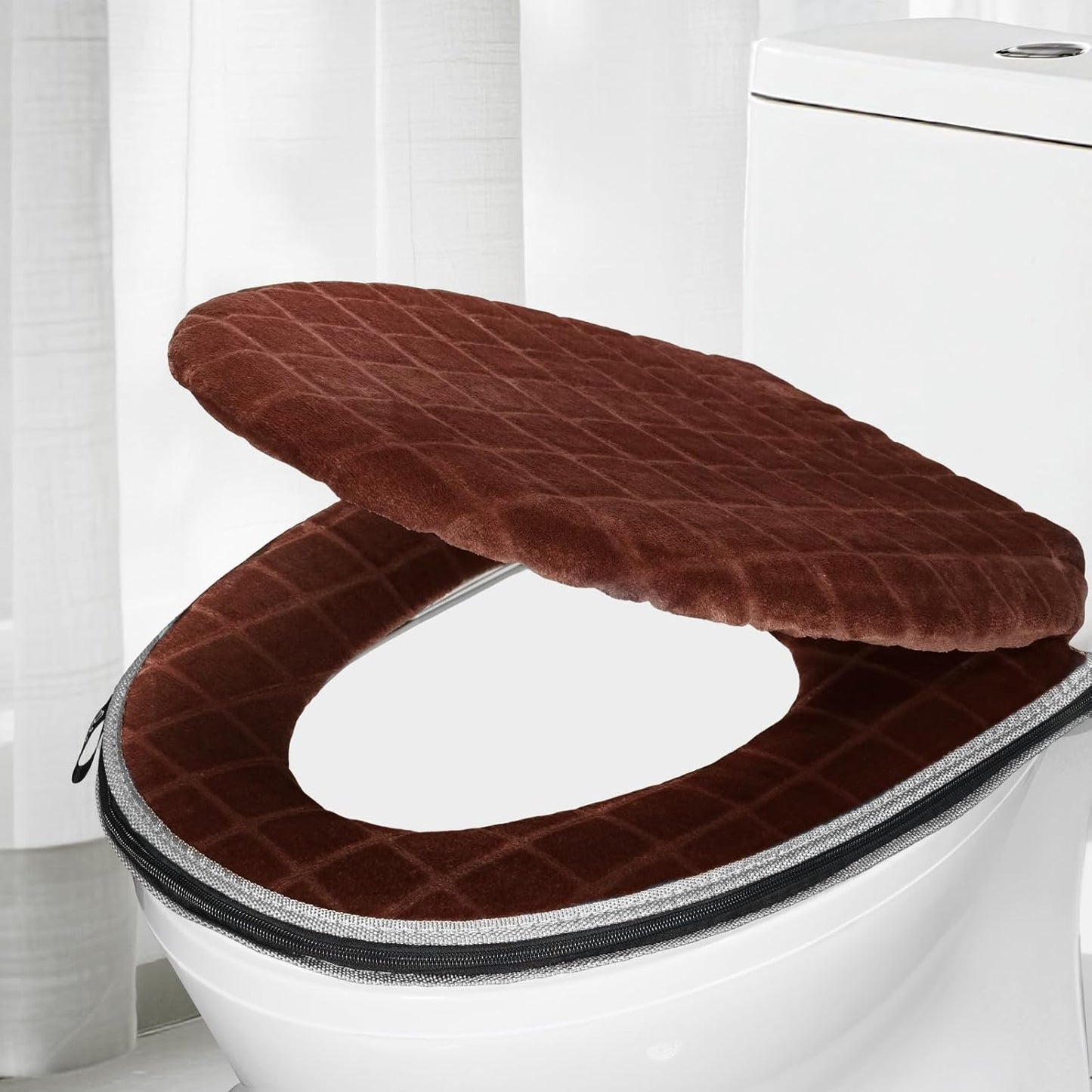 Toilet Seat Cover and Toilet Lid Cover Set, Soft Toilet Seat Cushion with Zipper Adjustable Rubber Backing Toilet Seat Warmer Bathroom Decor and Accessories, Coffee