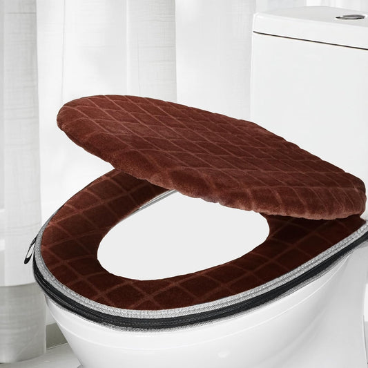 Toilet Seat Cover and Toilet Lid Cover Set, Soft Toilet Seat Cushion with Zipper Adjustable Rubber Backing Toilet Seat Warmer Bathroom Decor and Accessories, Coffee