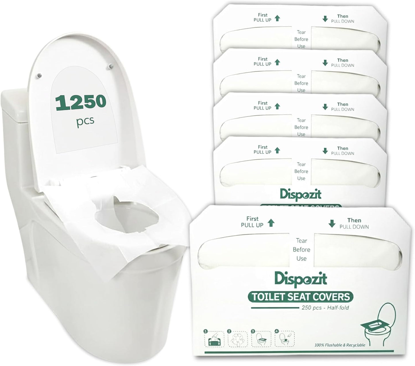 1250 Pcs Flushable Toilet Seat Covers for Hotel, Business, and Commercial | 5 Packs of 250 Pcs Disposable Flushable 100% Biodegradable Commercial Toilet Seat Covers, Half-Fold Wall Dispenser Compatible