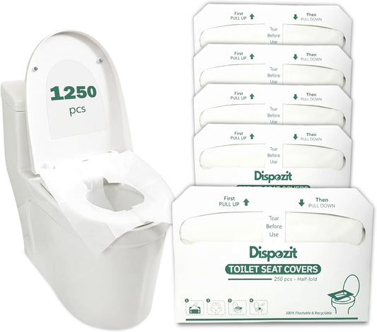 1250 Pcs Flushable Toilet Seat Covers for Hotel, Business, and Commercial | 5 Packs of 250 Pcs Disposable Flushable 100% Biodegradable Commercial Toilet Seat Covers, Half-Fold Wall Dispenser Compatible