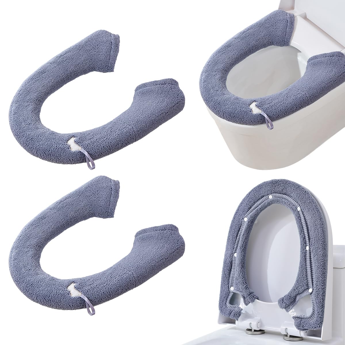 2 Packs Toilet Seat Cover, Plush Warm Bathroom Toilet Seat Cushion with Snaps Fixed Washable and Reusable Toilet Seat Lid Cover Pads, Fits Most Toilet Seats, Light Grey