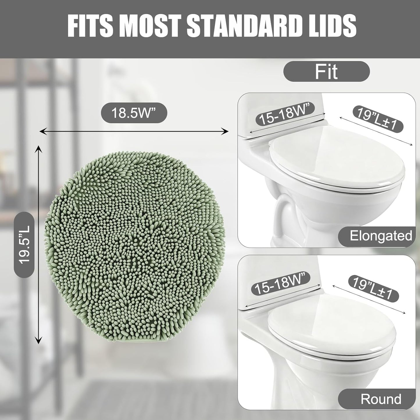 Soft Chenille Toilet Lid Cover 19.5L x 18.5W Machine Washable | Toilet Seat Cover Adjustable Rubber Backing Fits Most Round Elongated and Oblong Lids