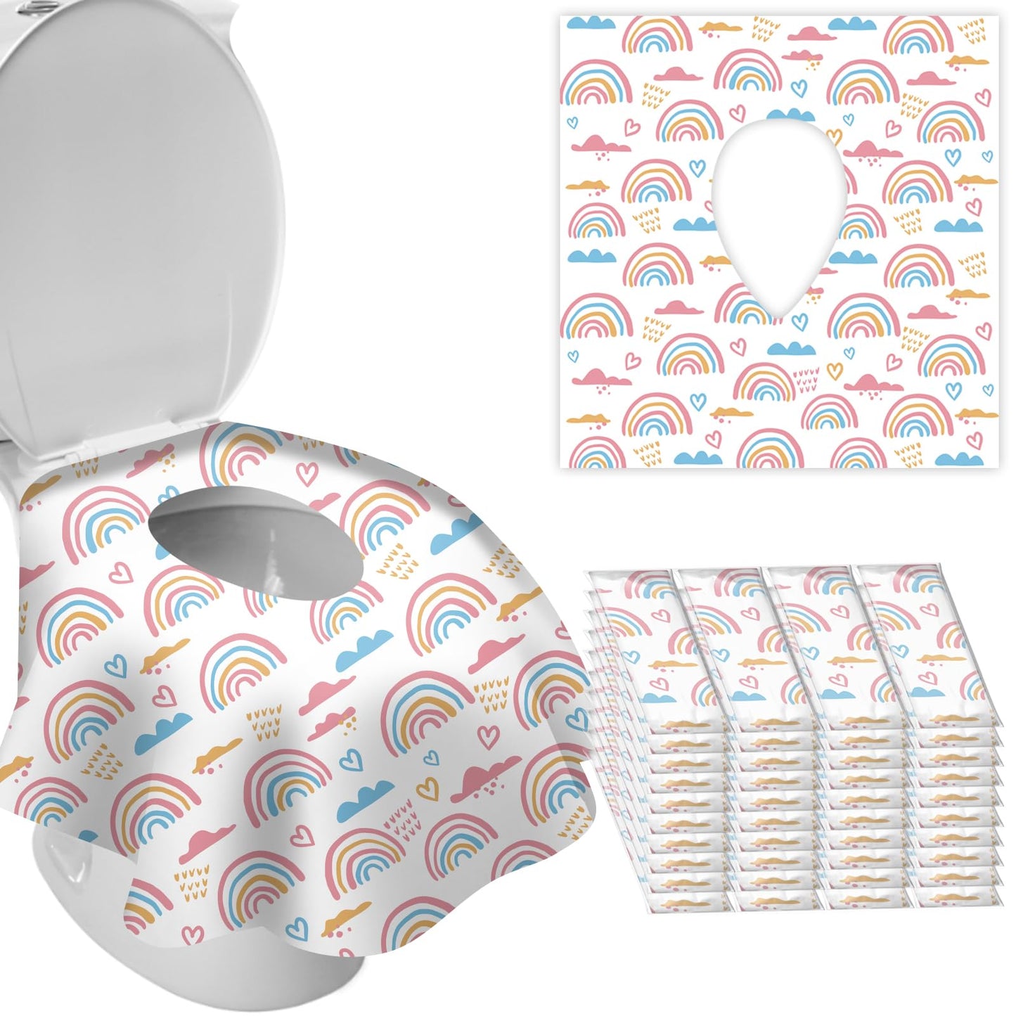 DEEKI 40 Pack Toilet Seat Covers Disposable, Safe No-Slip Waterproof for Kids Toddlers Use in Potty Training Public Restrooms Toilets, Portable Clean Covers for Adults Travel -Rainbow (40 Count)