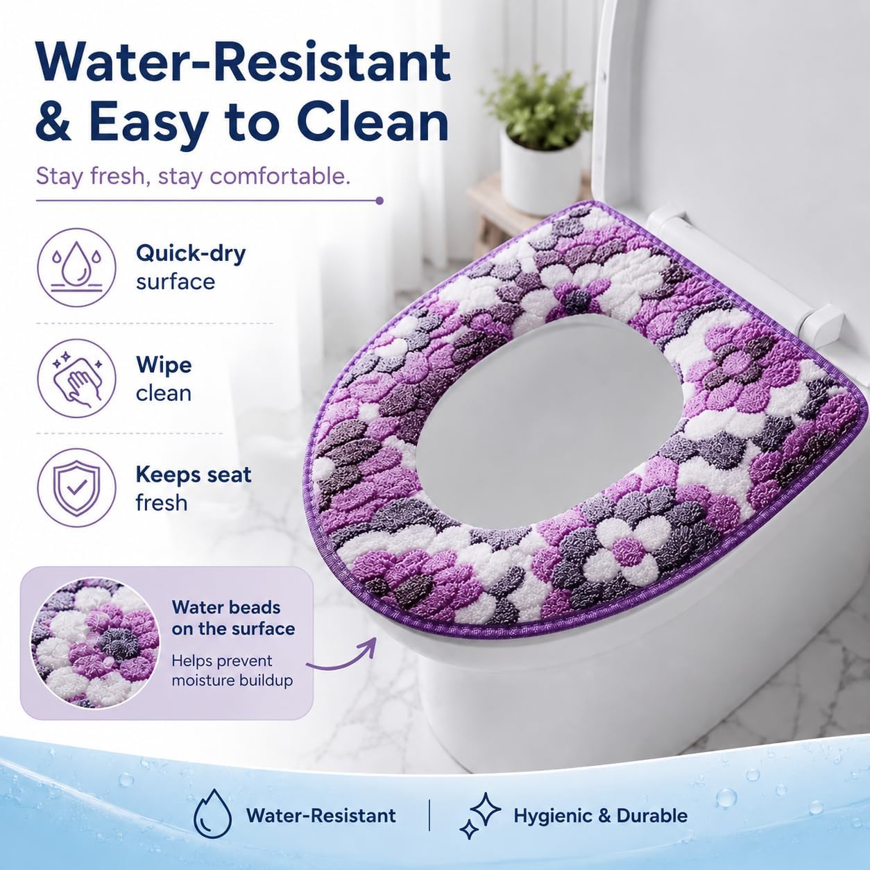 1 PCS Toilet Seat Cover Cushion, Soft Flannel Warm Toilet Seat Pad, Universal Fit Zippered Washable Reusable Toilet Cushion, Skin-Friendly Non-Slip Bathroom Accessory for All Seasons (Purple)