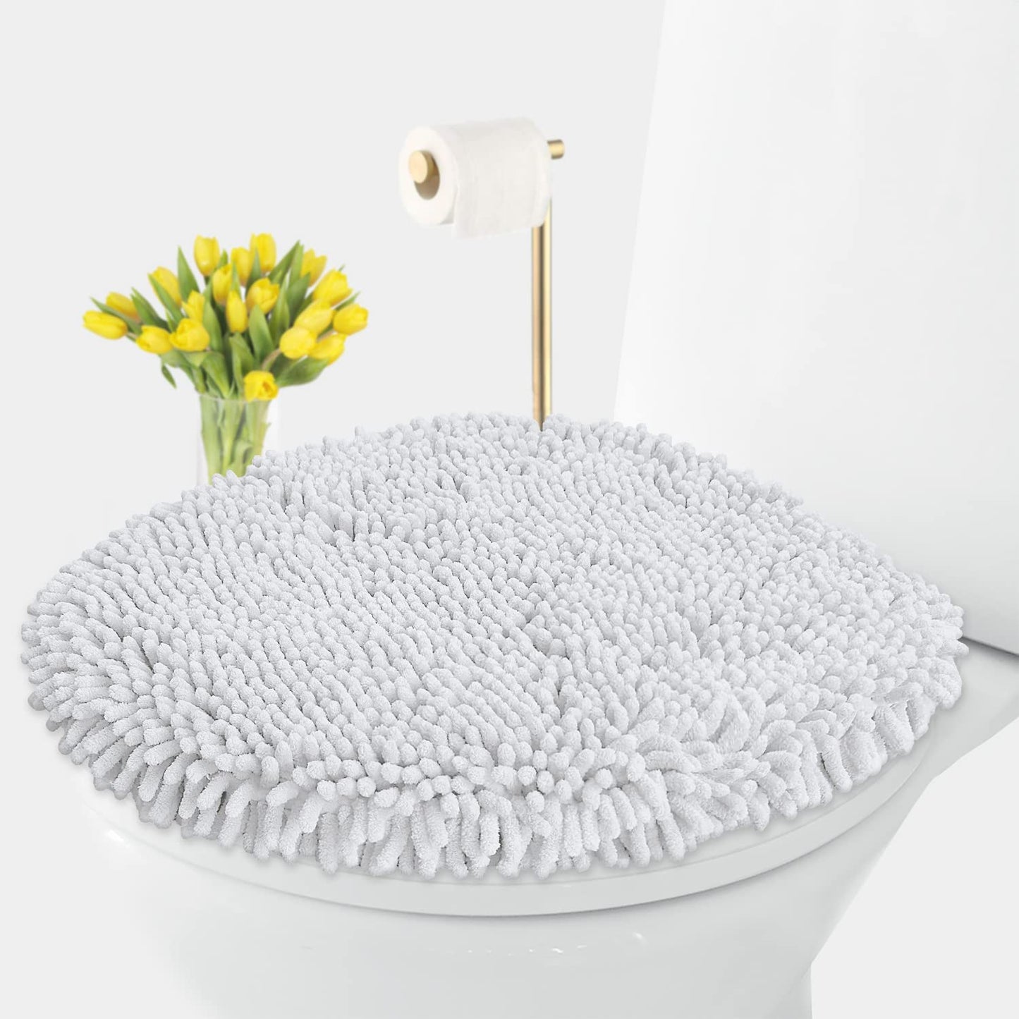 LuxUrux Premium Chenille Microfiber Toilet Lid Cover, Soft Plush Toilet Seat Cover Set for Bathroom, Non-Slip Stretch Fit, Machine Washable, Fits Standard & Elongated Toilet Seat Lid (Light Gray)