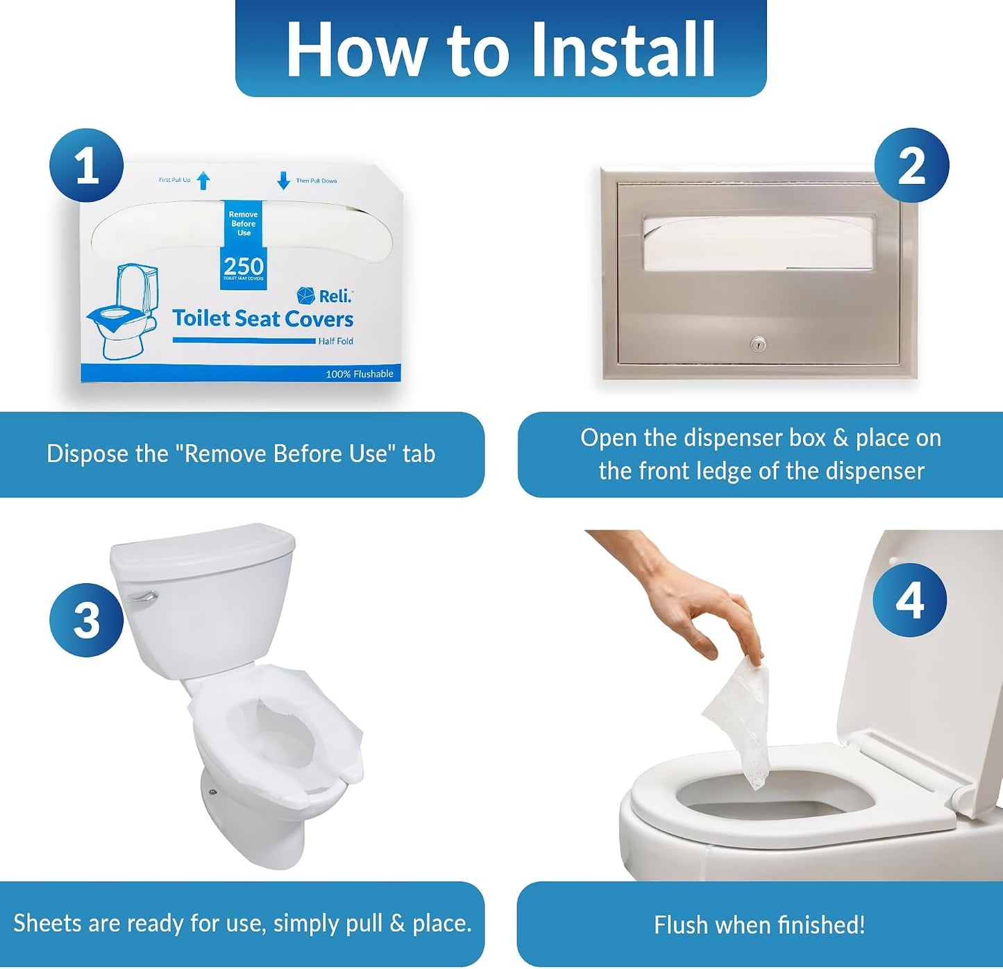 Reli. Toilet Seat Covers (1250 Pcs, 5 Packs of 250) Flushable | Disposable Toilet Seat Cover 14x16" (Half-Fold) | Paper Liners for Restroom, Bathroom, Travel, Camping, Potty Training