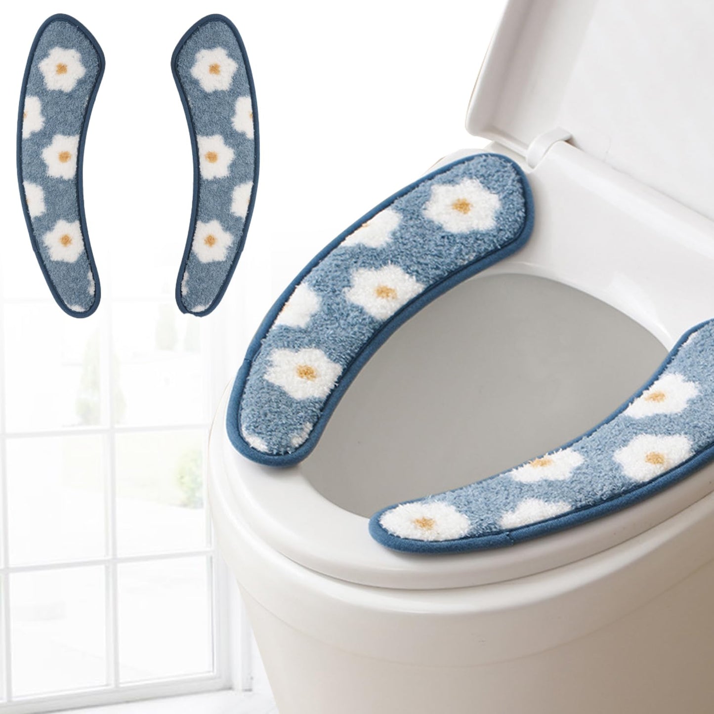 Thick and Warm Toilet Seat Cover – Washable, Reusable Cushion with TPR Adhesive & Floral Pattern for Comfort & Insulation (Blue)