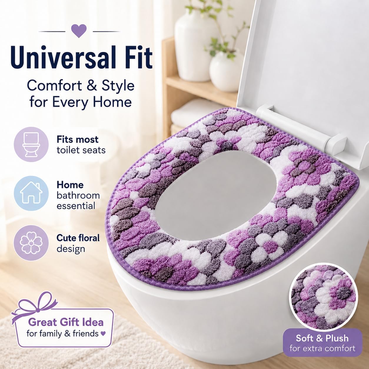 1 PCS Toilet Seat Cover Cushion, Soft Flannel Warm Toilet Seat Pad, Universal Fit Zippered Washable Reusable Toilet Cushion, Skin-Friendly Non-Slip Bathroom Accessory for All Seasons (Purple)