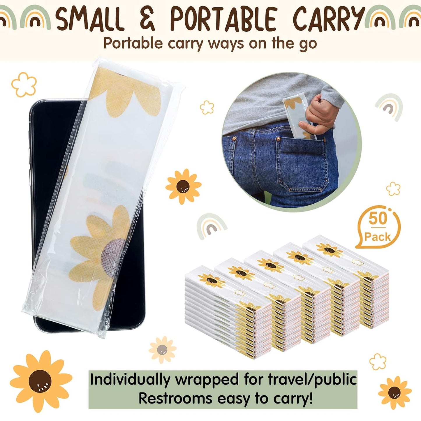 Shimeyao 50 Packs Disposable Toilet Seat Covers Extra Large Individually Wrapped for Kids Adults, Portable Non Slip Waterproof Potty Seat Covers for Toddlers Potty Training Travel(Flowers, Rainbow)
